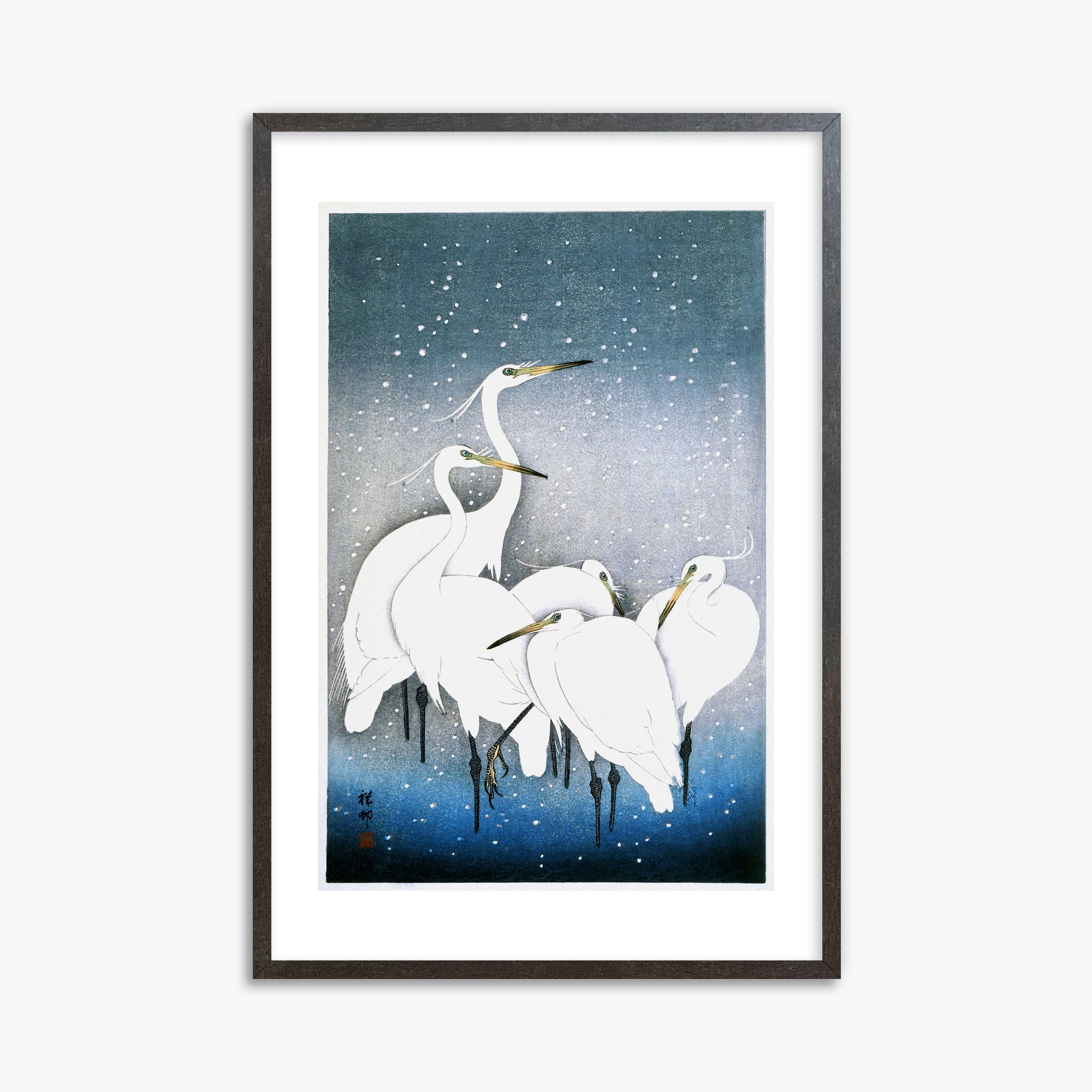 Ohara Koson: Egrets in the Snow, 61x91cm Framed Art Reproduction With Espresso Frame