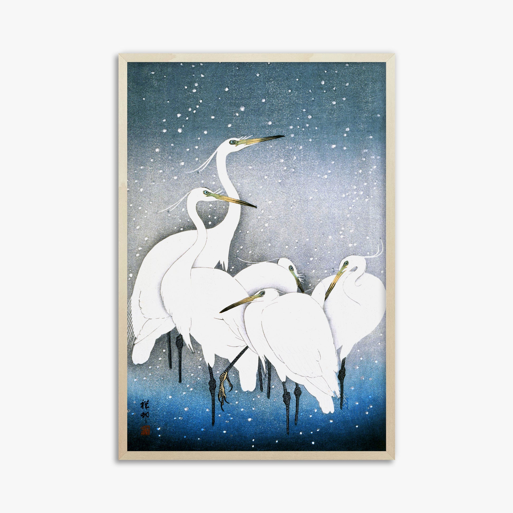 Ohara Koson: Egrets in the Snow, 61x91cm Framed Art Reproduction With Lime Wood Frame