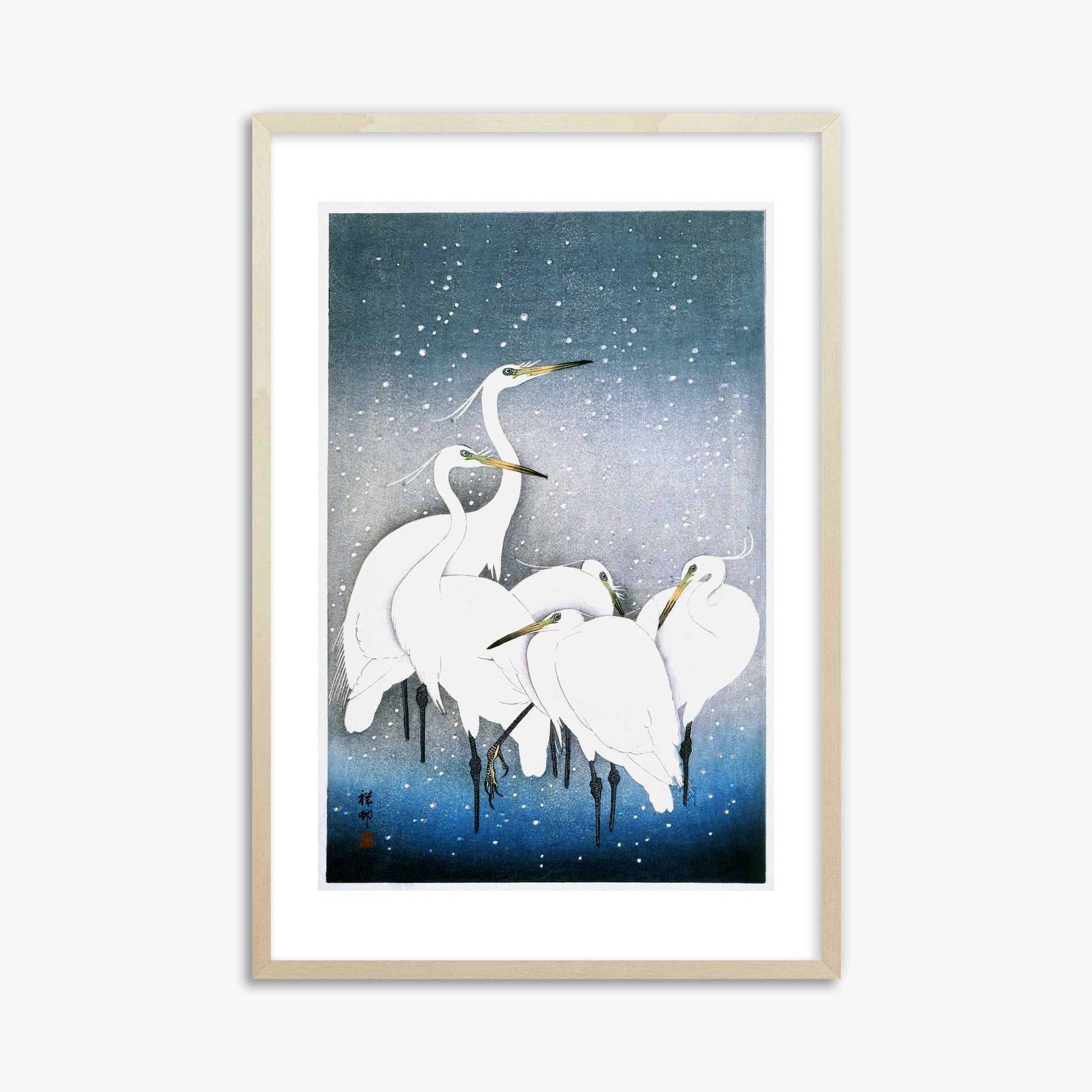 Ohara Koson: Egrets in the Snow, 61x91cm Framed Art Reproduction With Lime Wood Frame