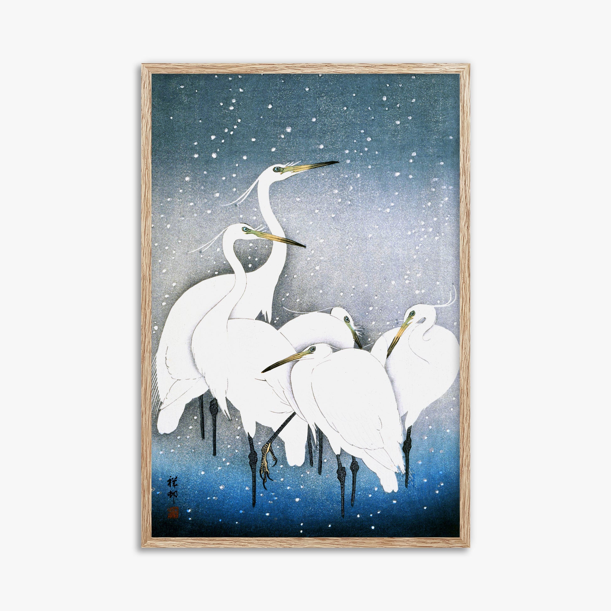 Ohara Koson: Egrets in the Snow, 61x91cm Framed Art Reproduction With Raw Oak Frame