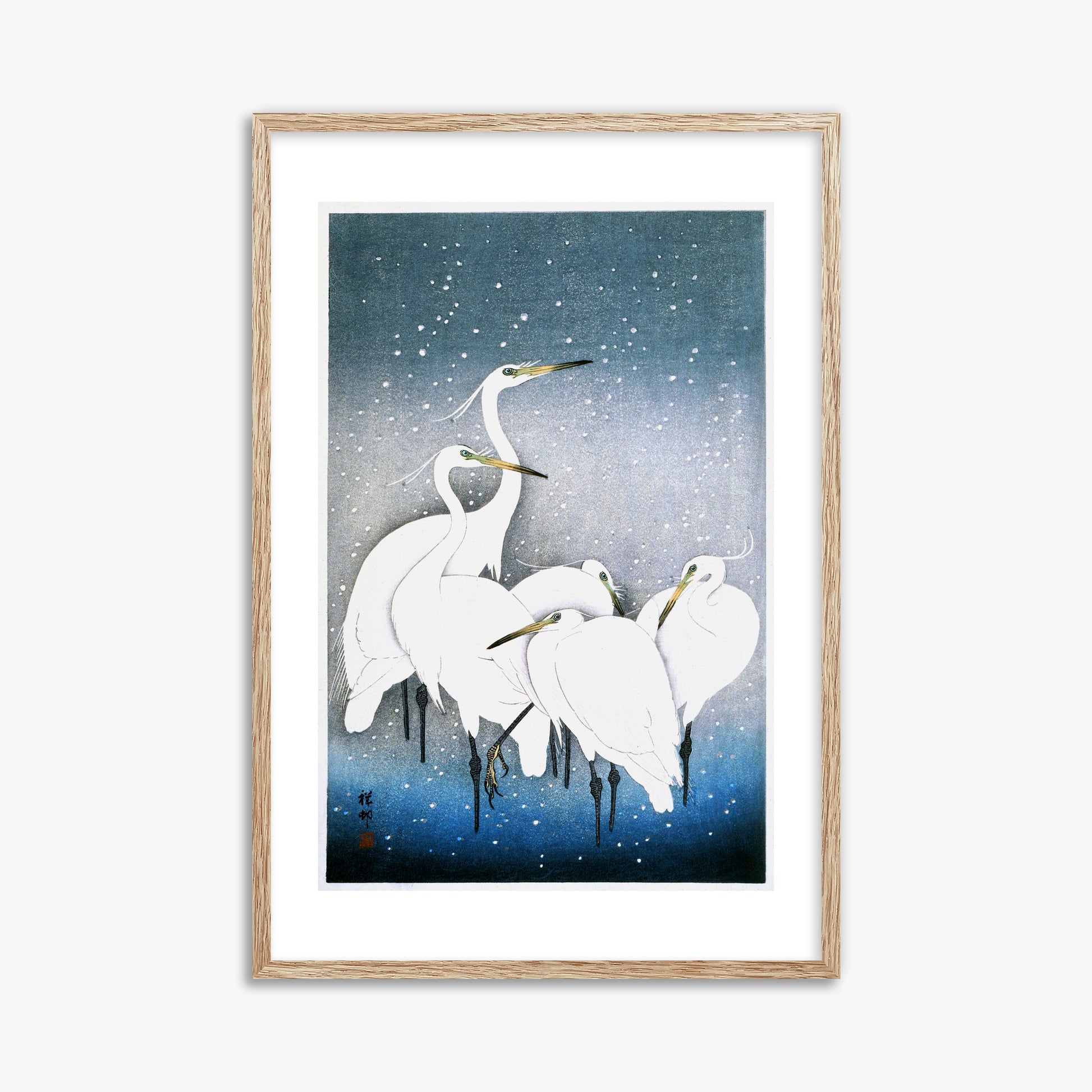 Ohara Koson: Egrets in the Snow, 61x91cm Framed Art Reproduction With Raw Oak Frame