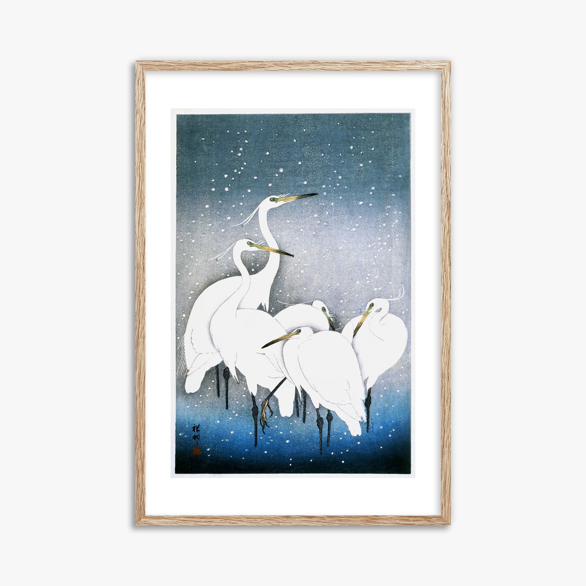 Ohara Koson: Egrets in the Snow, 61x91cm Framed Art Reproduction With Raw Oak Frame