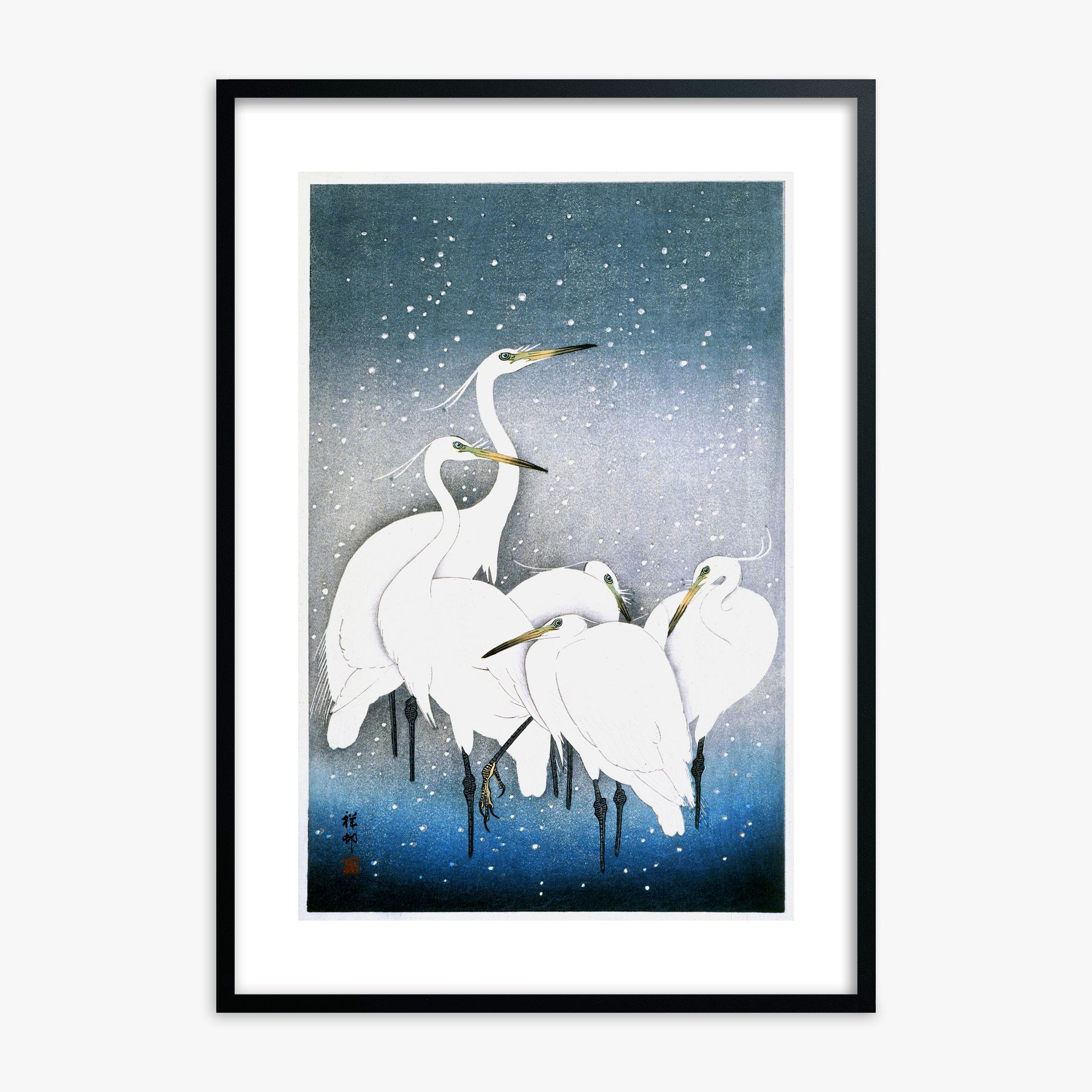 Ohara Koson: Egrets in the Snow, Black Framed Art Reproduction With Black Frame