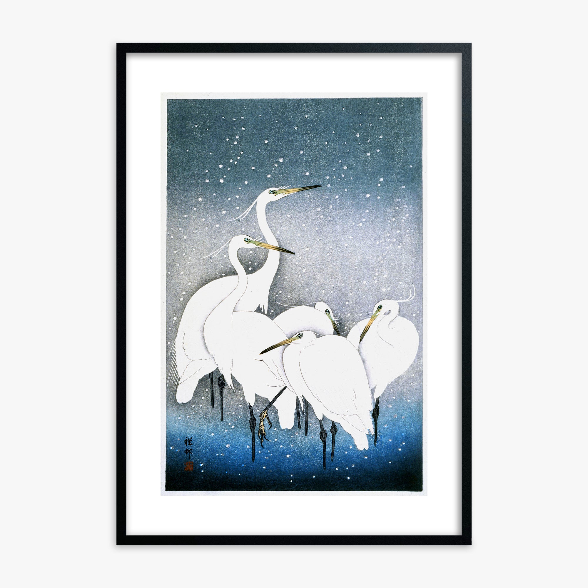 Ohara Koson: Egrets in the Snow, Black Framed Art Reproduction With Black Frame