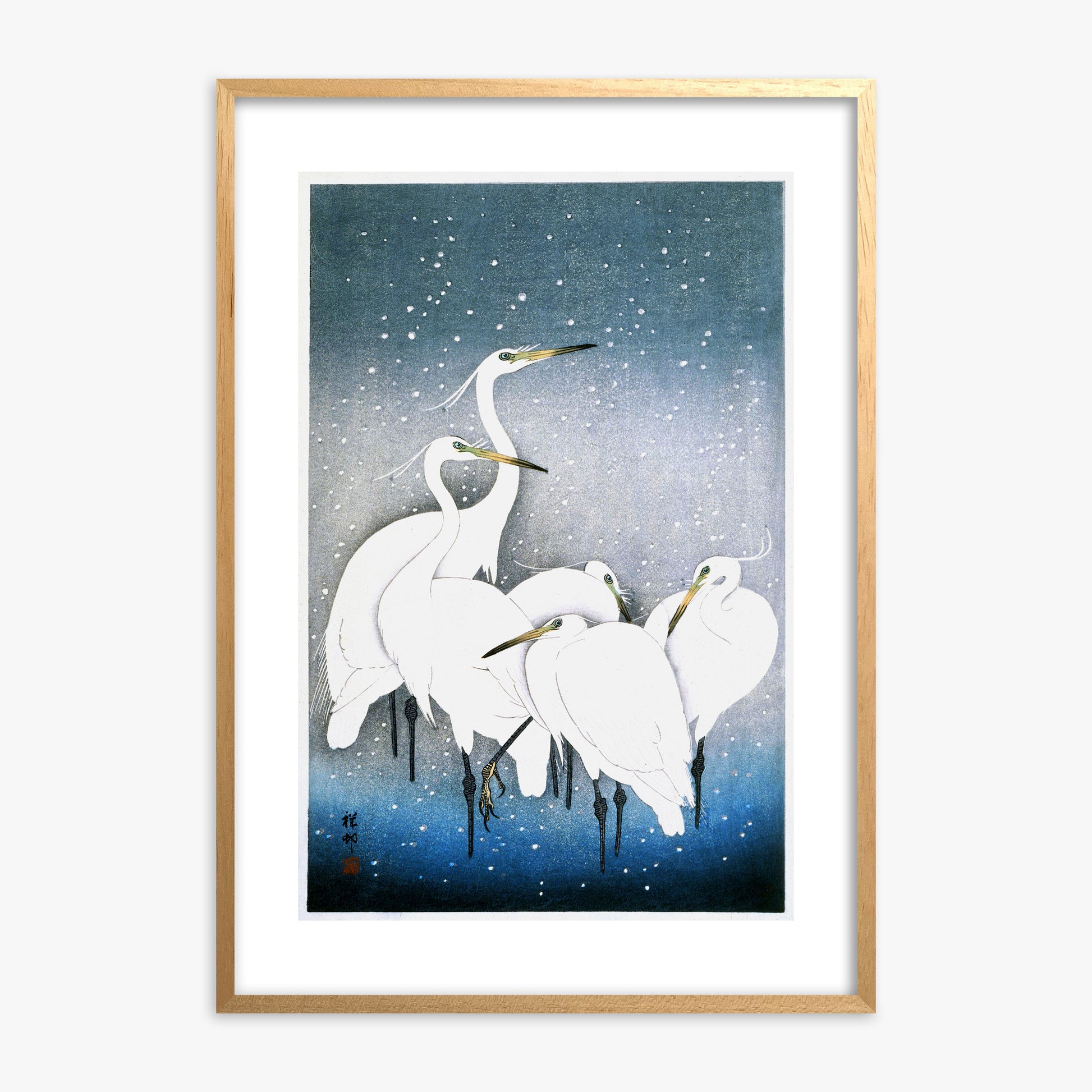 Ohara Koson: Egrets in the Snow, Oak Framed Art Reproduction With Oak Frame