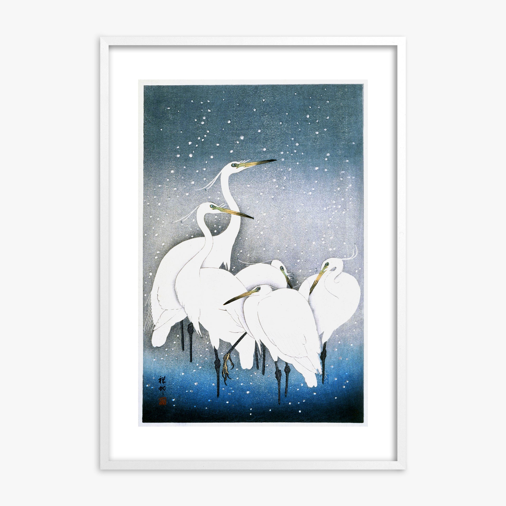 Ohara Koson: Egrets in the Snow, White Framed Art Reproduction With White Frame