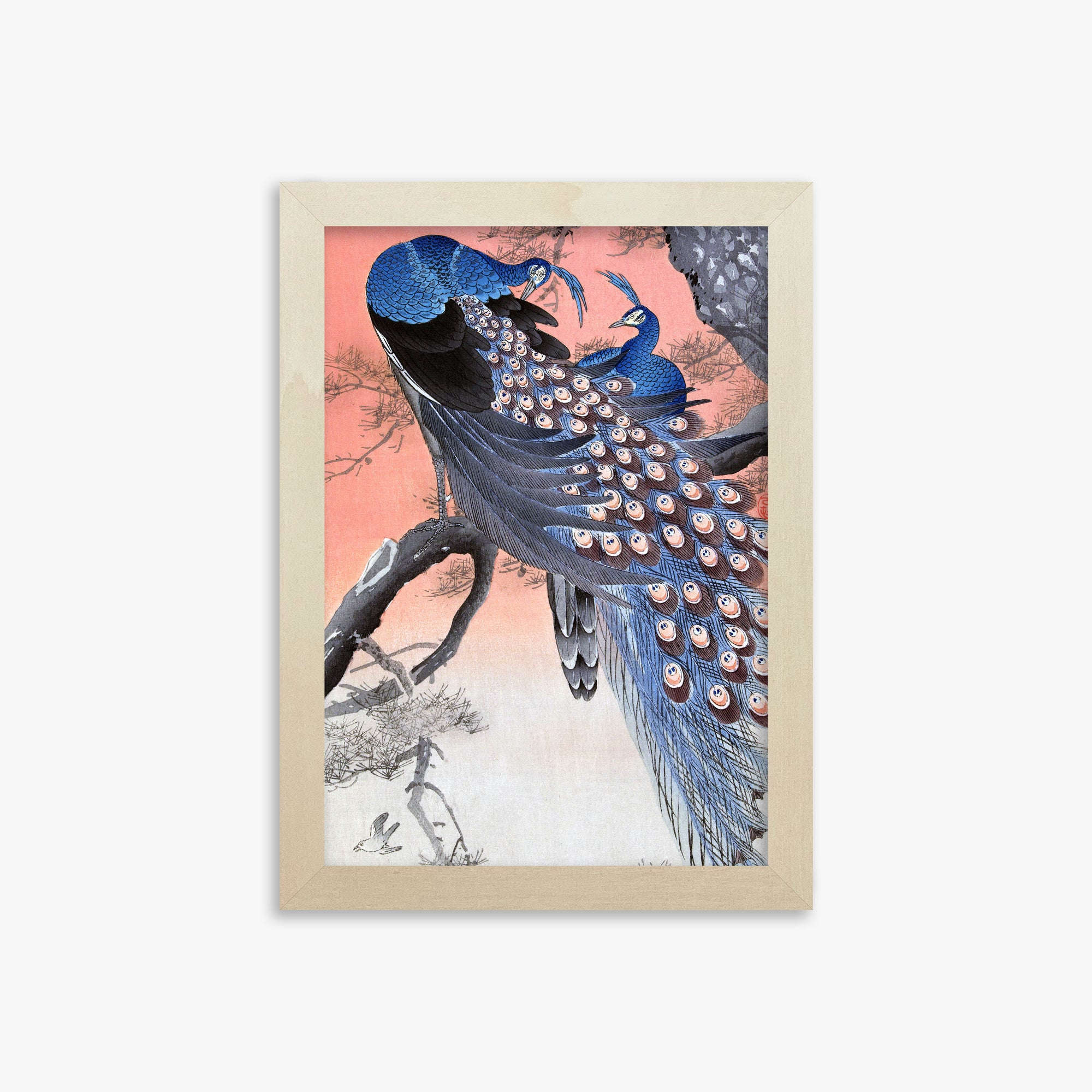Ohara Koson: Two Peacocks on Tree Branch, 21x30cm Framed Art Reproduction With Lime Wood Frame