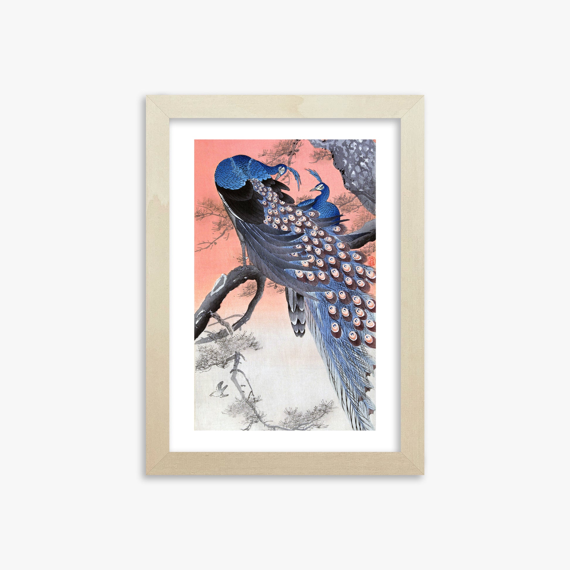 Ohara Koson: Two Peacocks on Tree Branch, 21x30cm Framed Art Reproduction With Lime Wood Frame