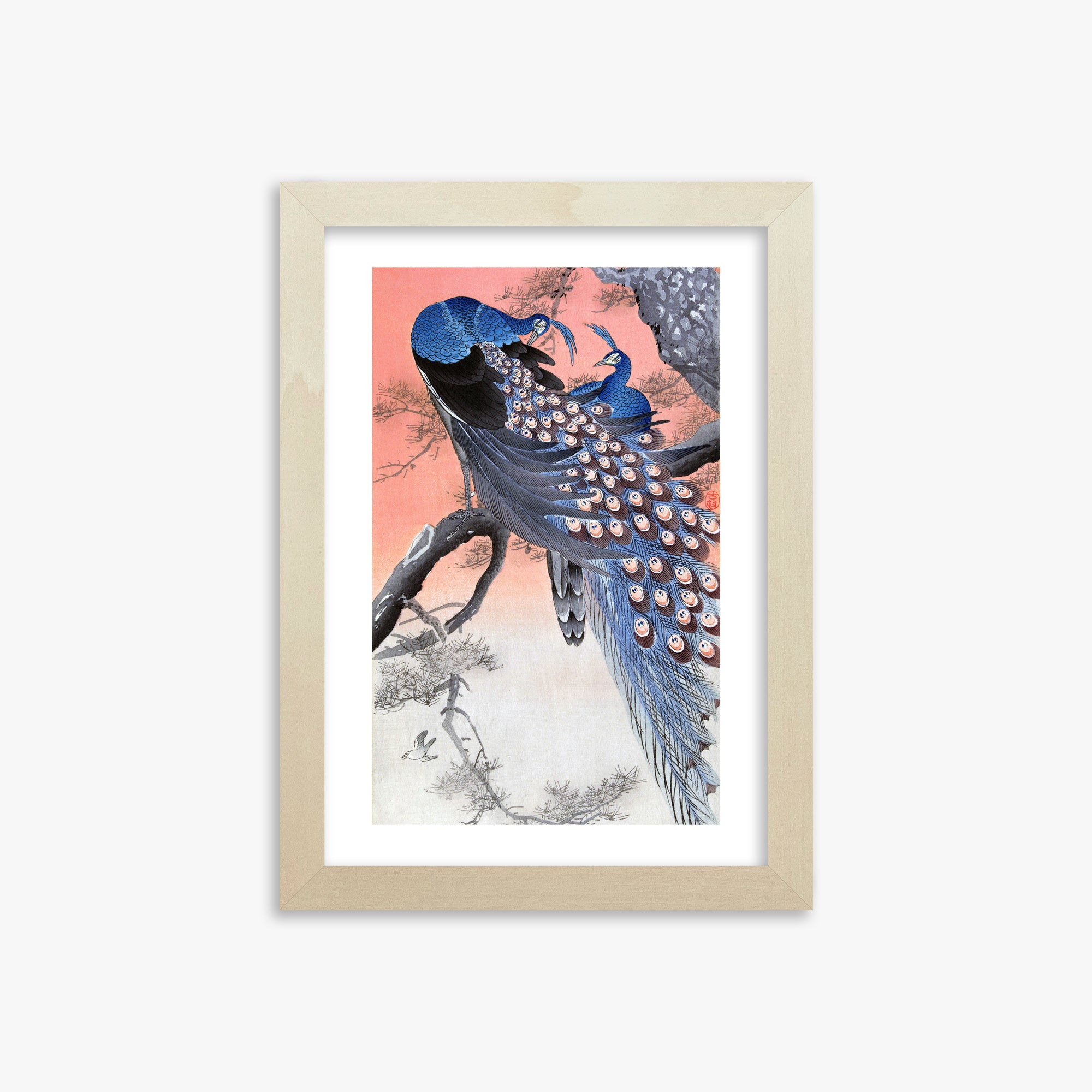 Ohara Koson: Two Peacocks on Tree Branch, 21x30cm Framed Art Reproduction With Lime Wood Frame