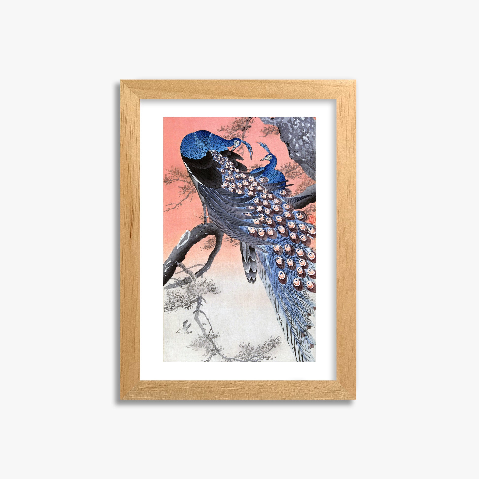 Ohara Koson: Two Peacocks on Tree Branch, 21x30cm Framed Art Reproduction With Oak Frame