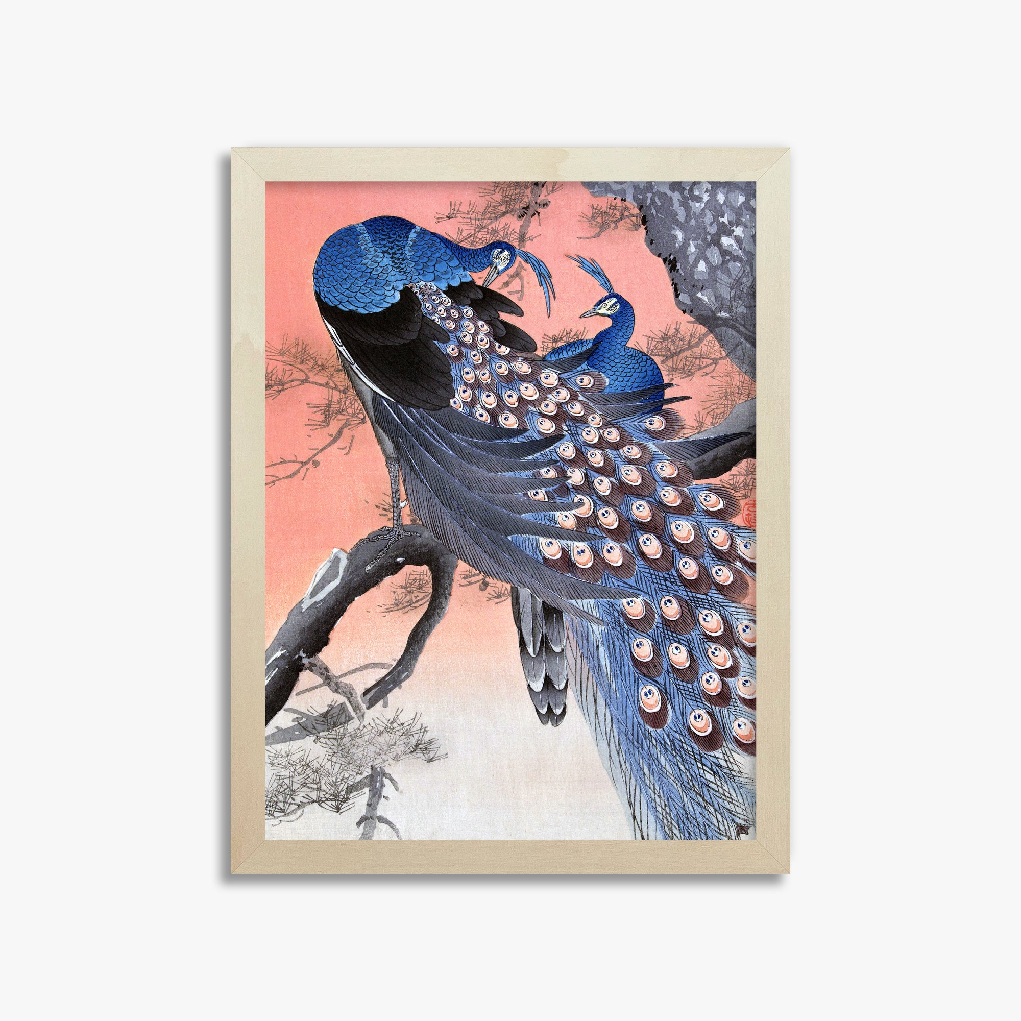 Ohara Koson: Two Peacocks on Tree Branch, 30x40cm Framed Art Reproduction With Lime Wood Frame