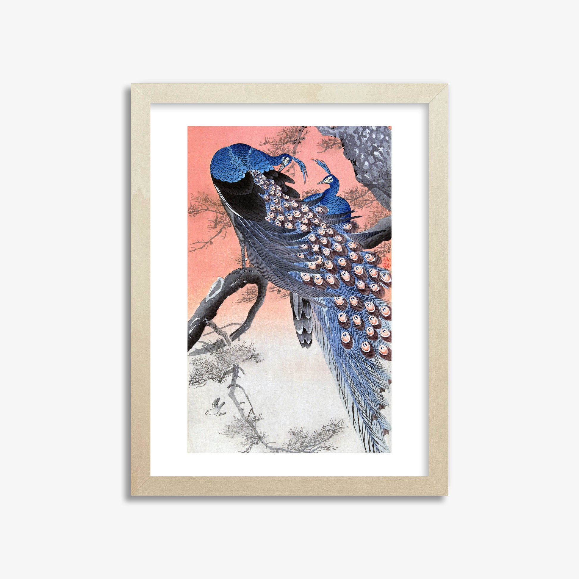 Ohara Koson: Two Peacocks on Tree Branch, 30x40cm Framed Art Reproduction With Lime Wood Frame