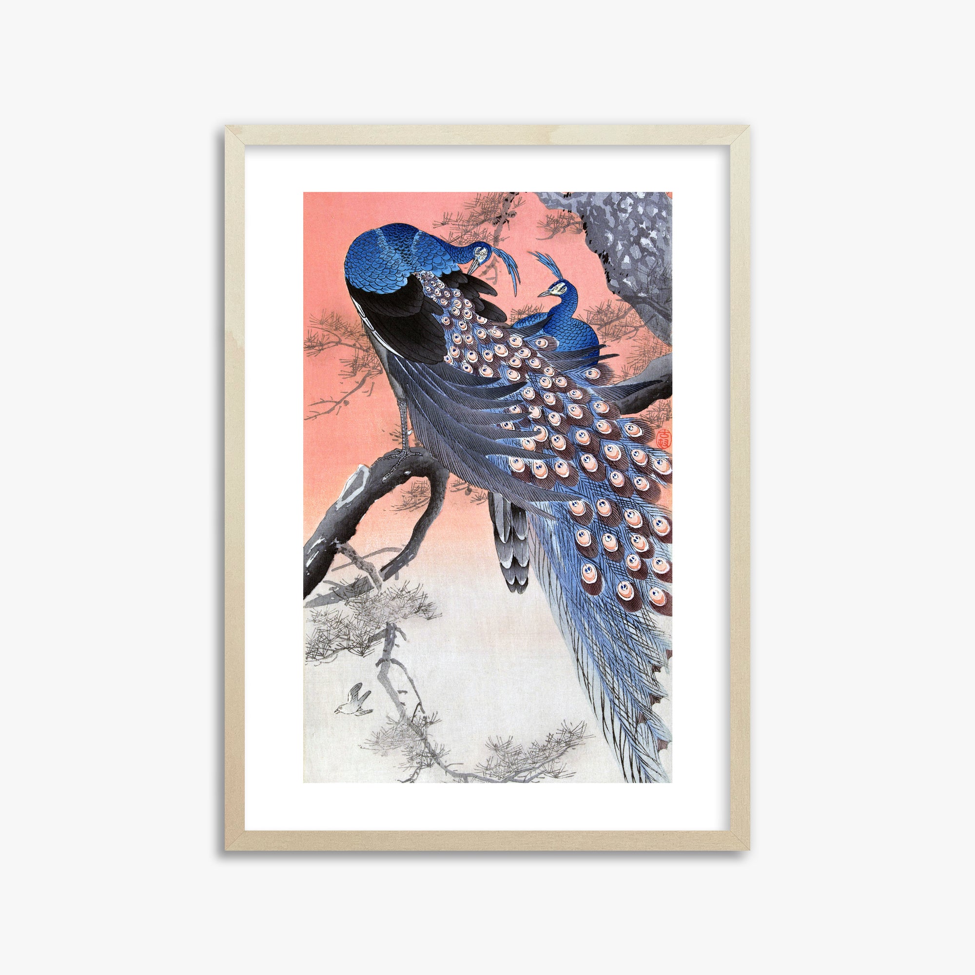 Ohara Koson: Two Peacocks on Tree Branch, 50x70cm Framed Art Reproduction With Lime Wood Frame