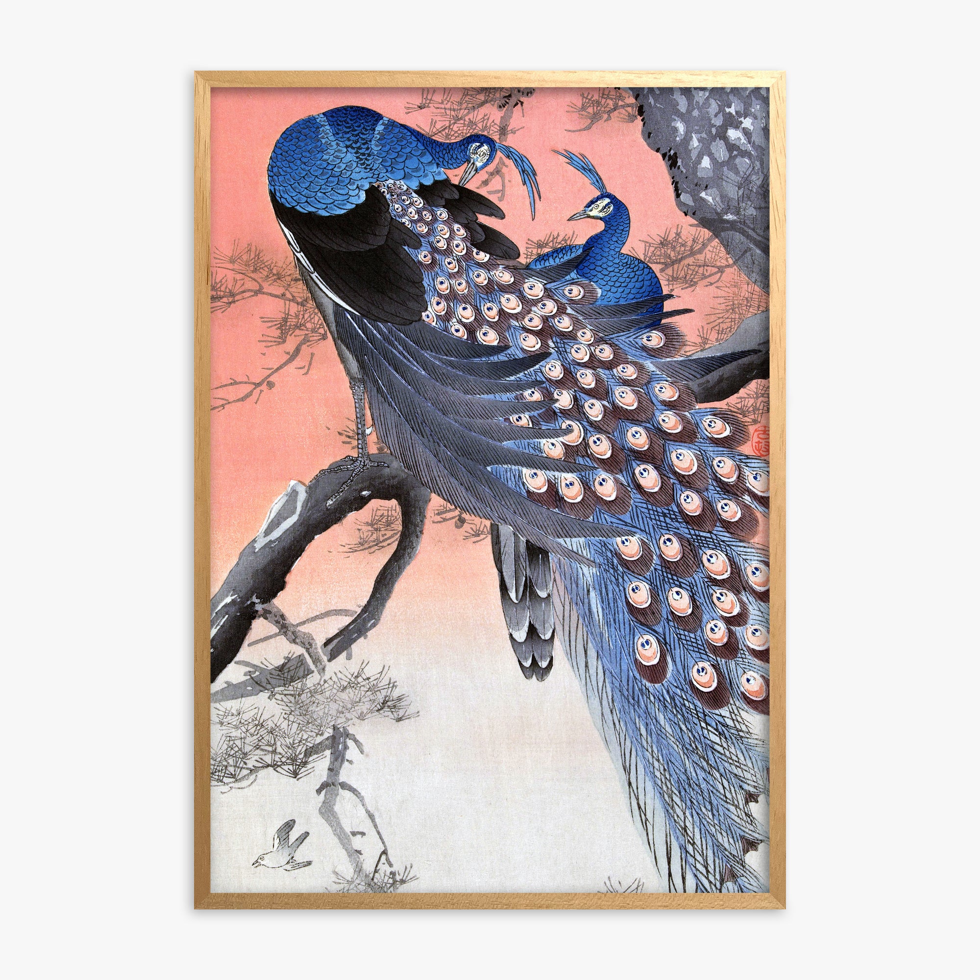 Ohara Koson: Two Peacocks on Tree Branch, Oak Framed Art Reproduction With Oak Frame