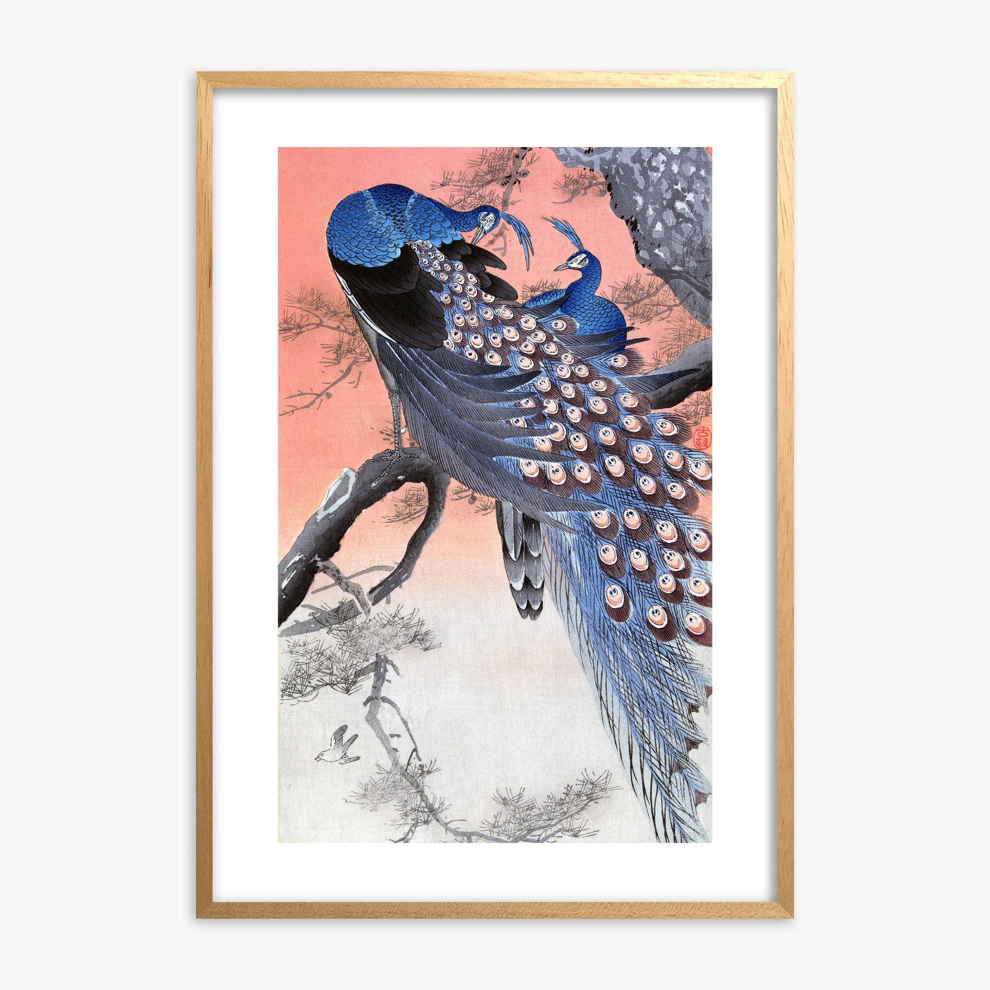 Ohara Koson: Two Peacocks on Tree Branch, Oak Framed Art Reproduction With Oak Frame