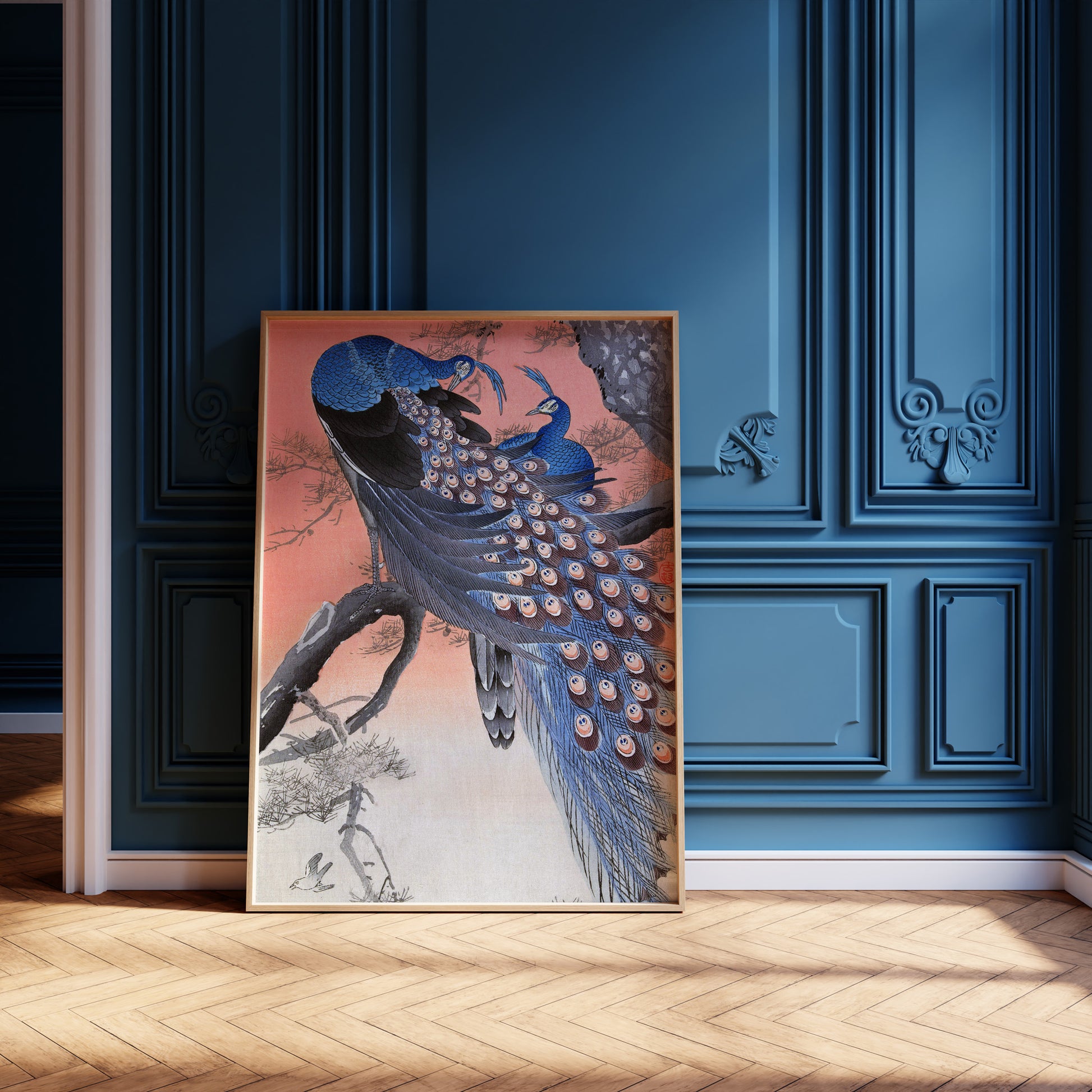 Design Concept No. 12 for Ohara Koson: Two Peacocks on Tree Branch Japanese Wall Art