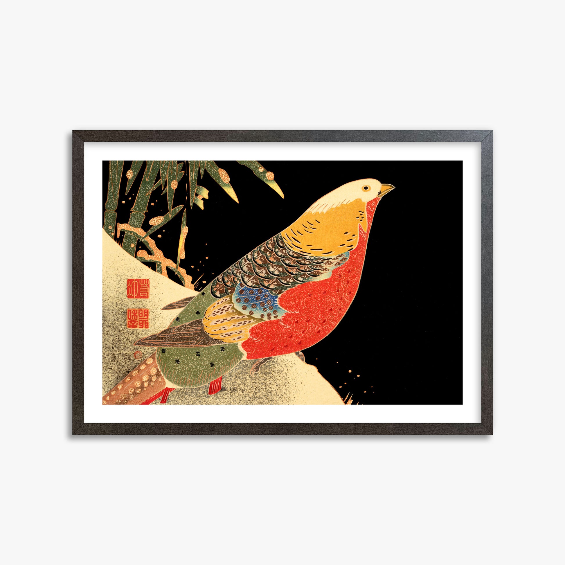 Ito Jakuchu: Golden Pheasant in the Snow, 50x70cm Framed Art Reproduction With Espresso Frame