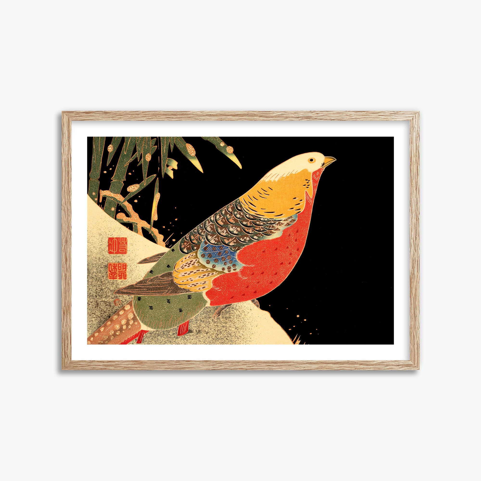 Ito Jakuchu: Golden Pheasant in the Snow, 50x70cm Framed Art Reproduction With Raw Oak Frame