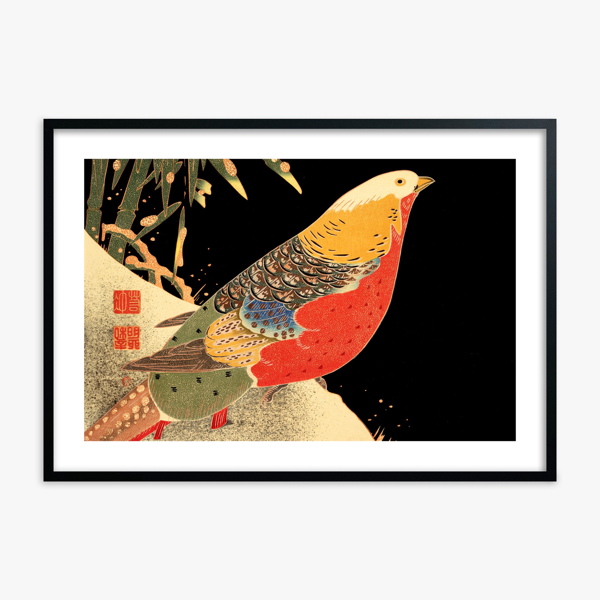 Ito Jakuchu: Golden Pheasant in the Snow, Black Framed Art Reproduction With Black Frame