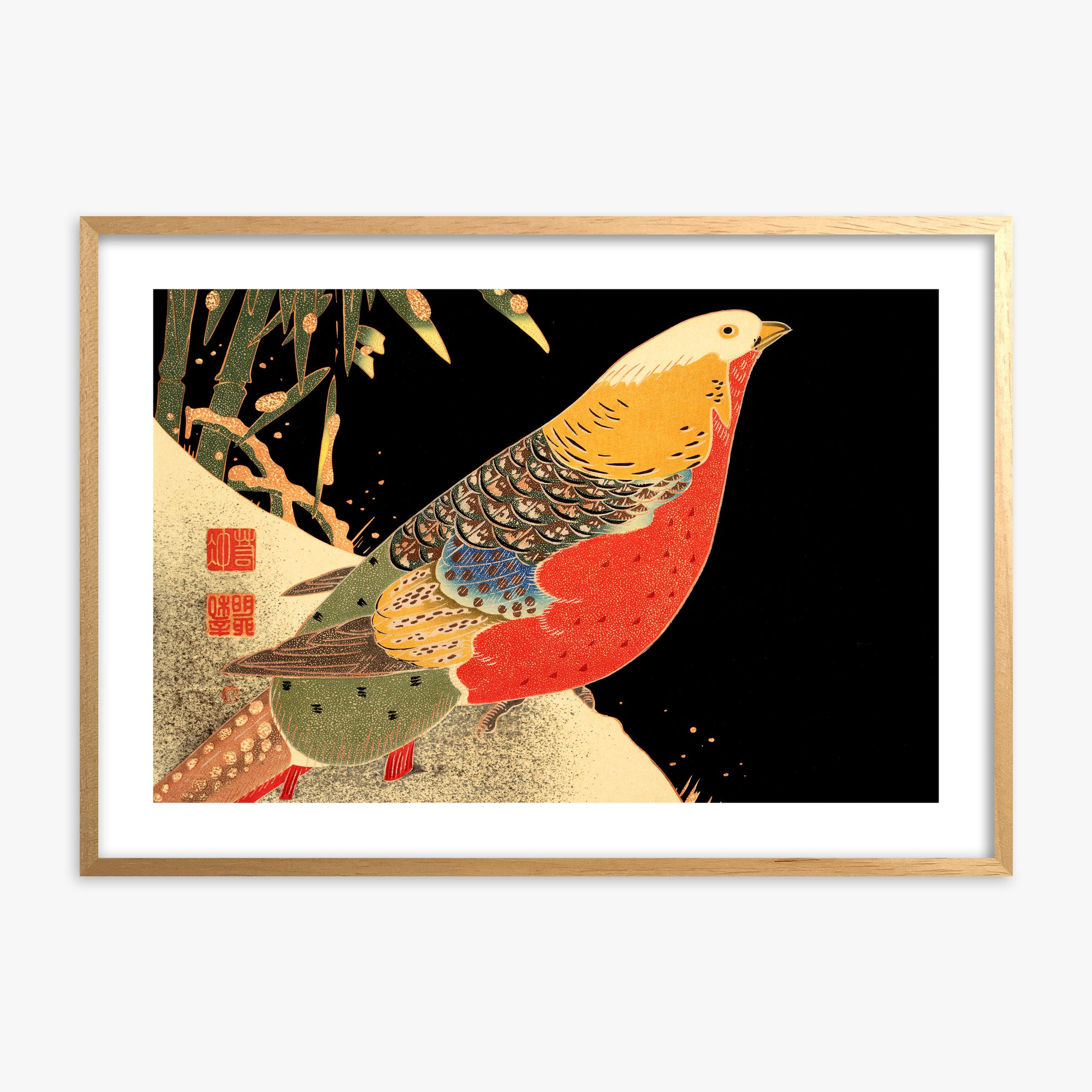 Ito Jakuchu: Golden Pheasant in the Snow, Oak Framed Art Reproduction With Oak Frame