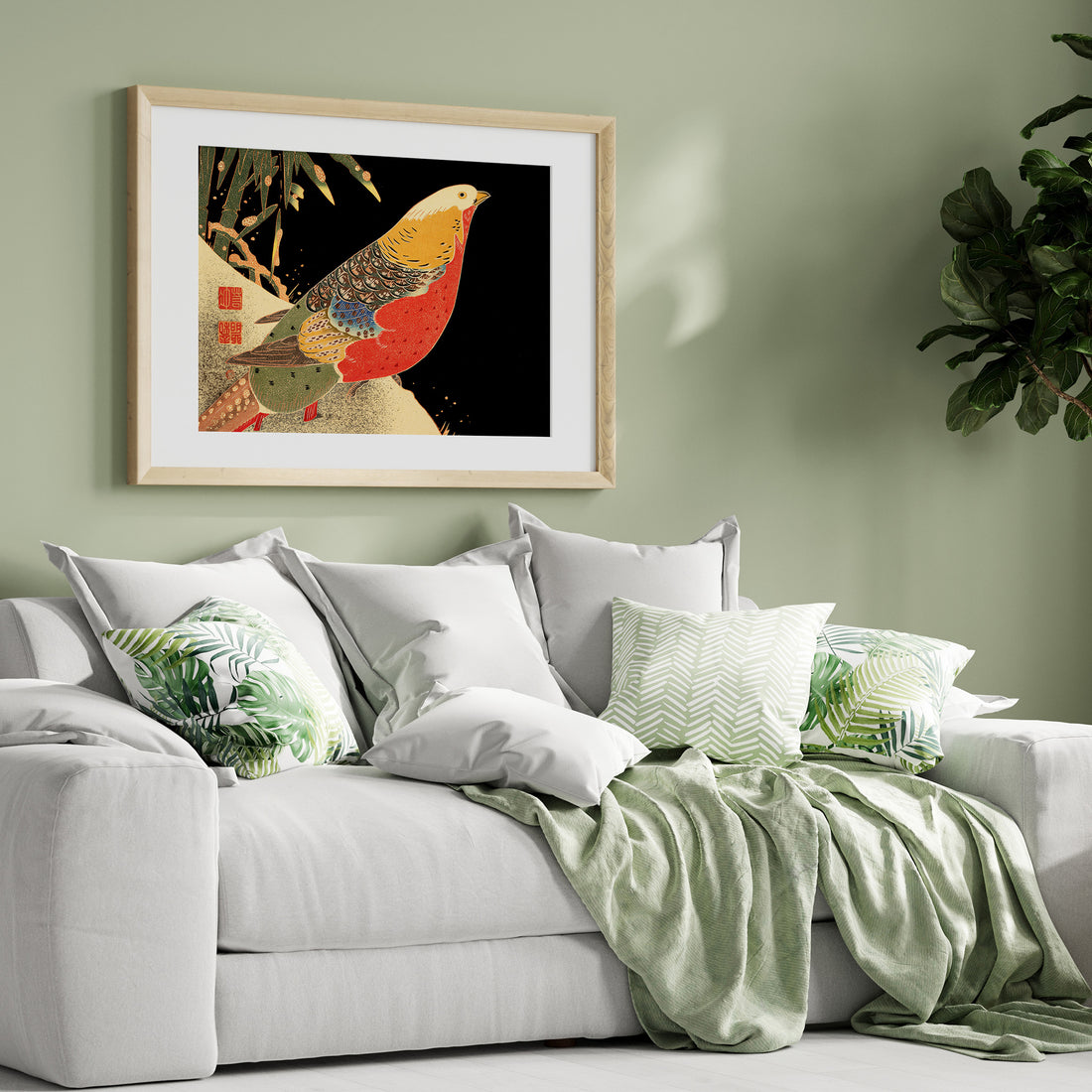 Ito Jakuchu: Golden Pheasant in the Snow, 50x70cm Framed Art Reproduction With Black Frame