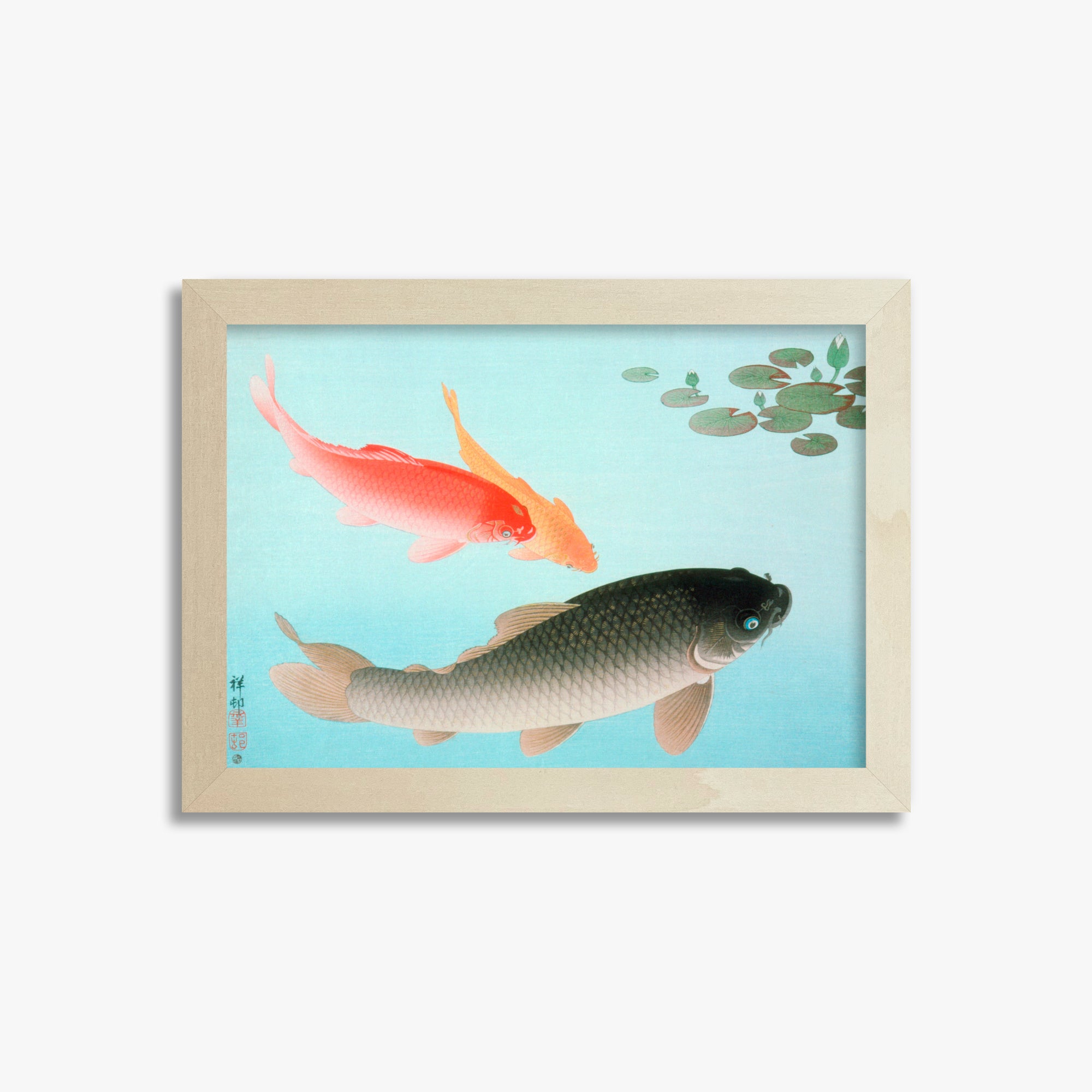 Ohara Koson: Common and Golden Carp, 21x30cm Framed Art Reproduction With Lime Wood Frame