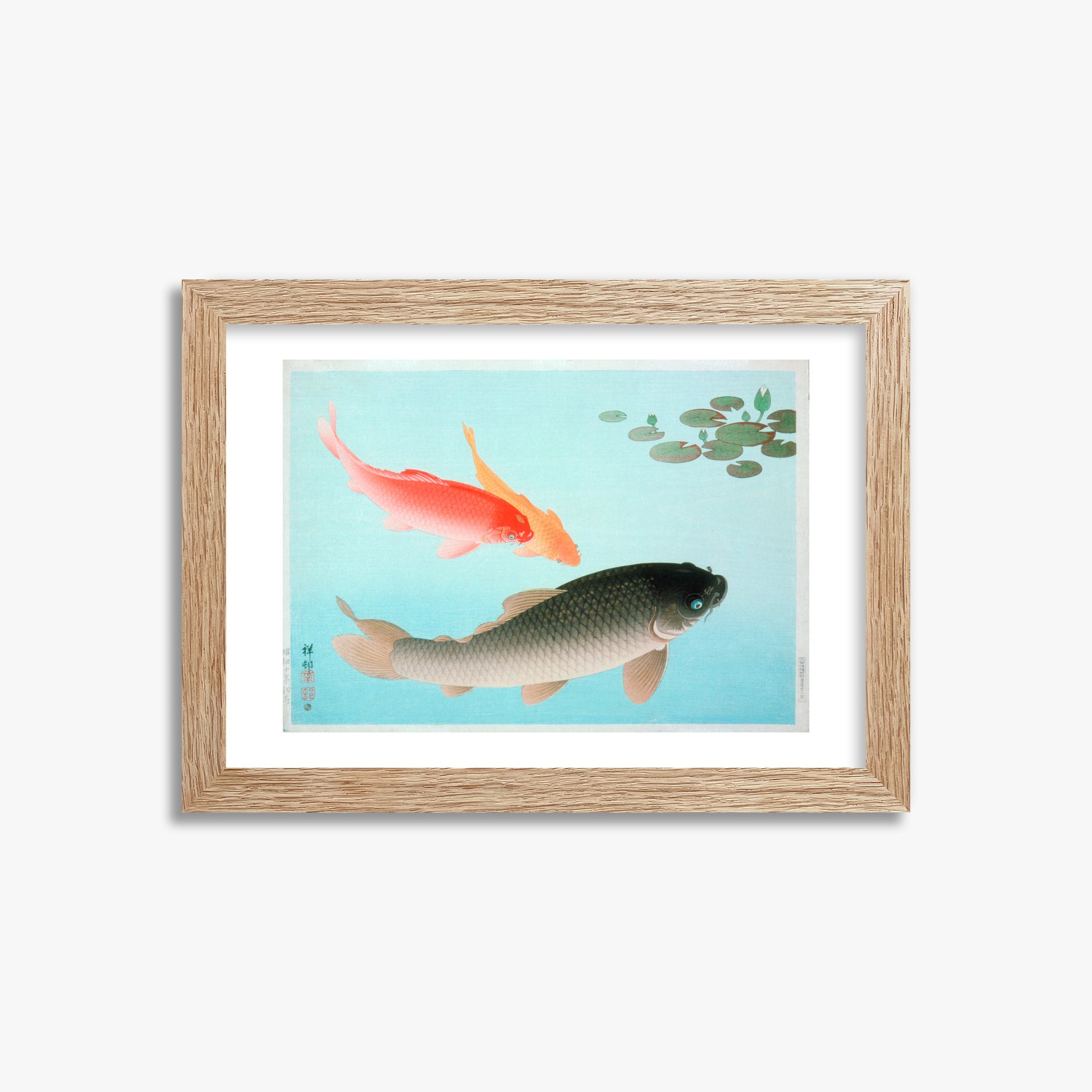 Ohara Koson: Common and Golden Carp, 21x30cm Framed Art Reproduction With Raw Oak Frame
