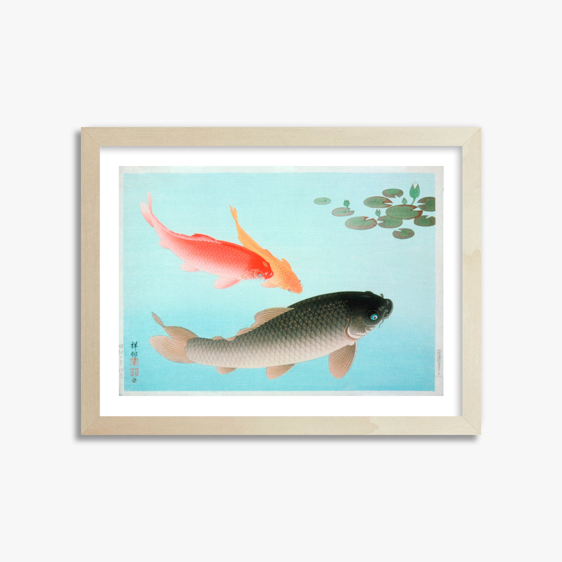Ohara Koson: Common and Golden Carp, 30x40cm Framed Art Reproduction With Lime Wood Frame