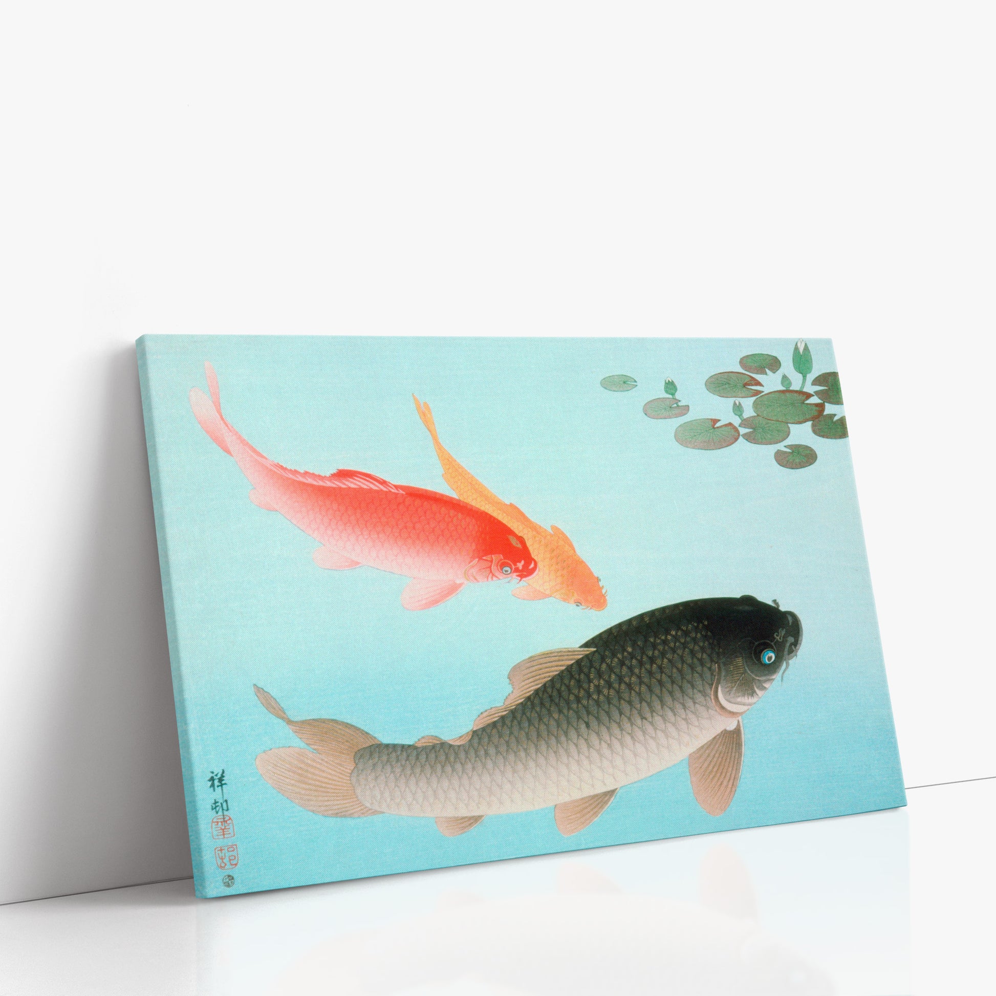 Ohara Koson: Common and Golden Carp, 90x60cm Satin Canvas Art Reproduction Left Angle