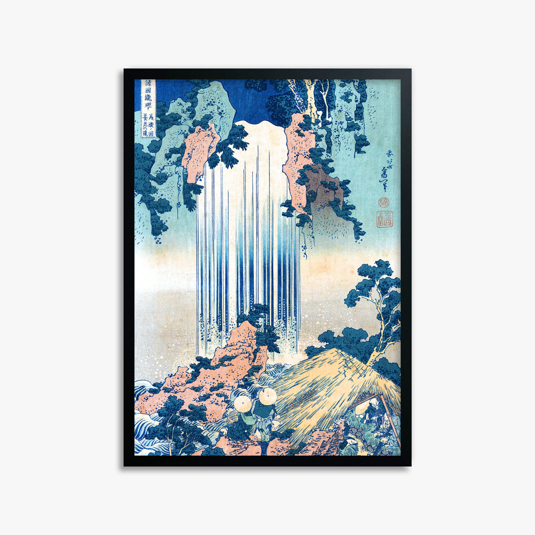 Katsushika Hokusai: Yoro Waterfall in Mino Province, 50x70cm Framed Art Reproduction With Black Frame