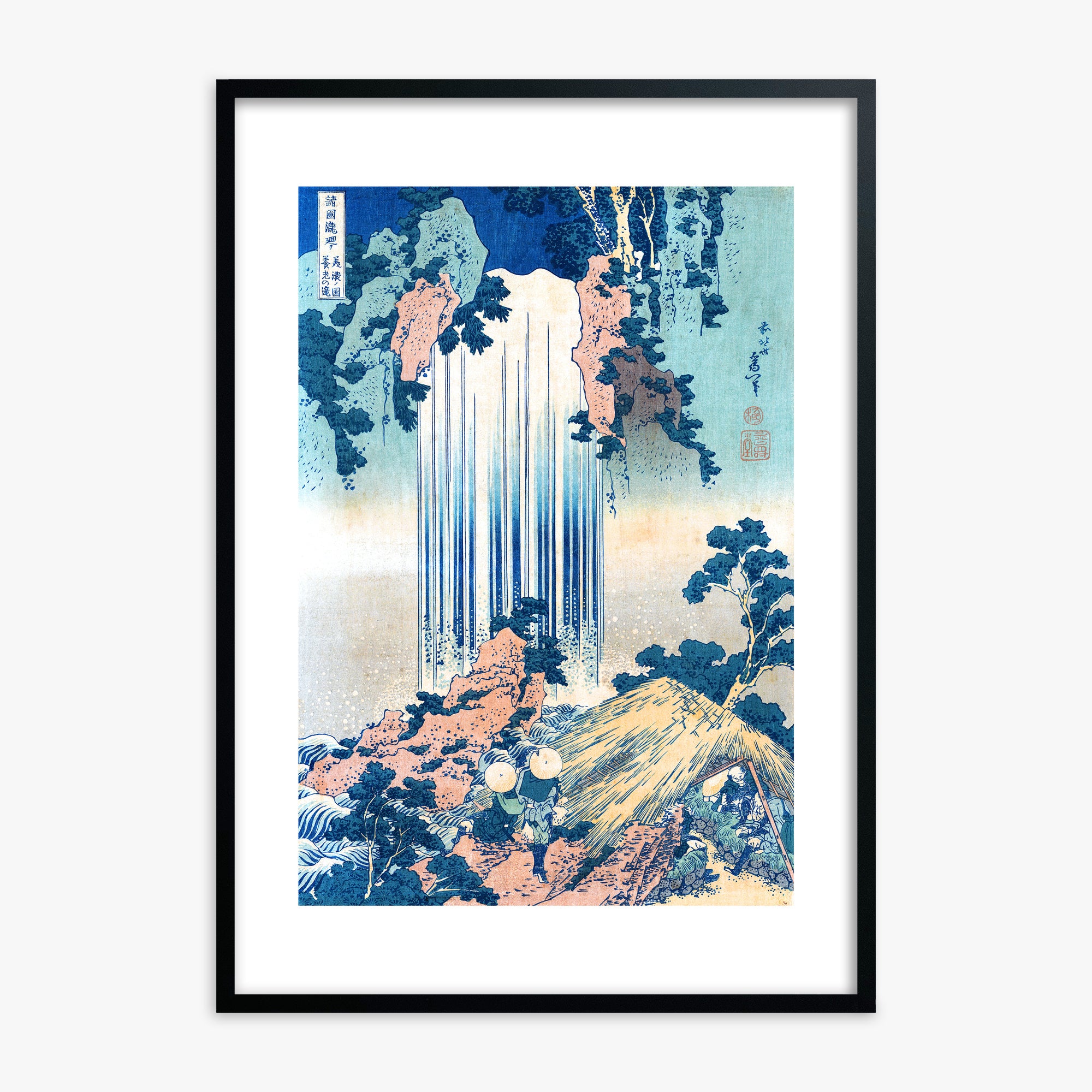 Katsushika Hokusai: Yoro Waterfall in Mino Province, Black Framed Art Reproduction With Black Frame