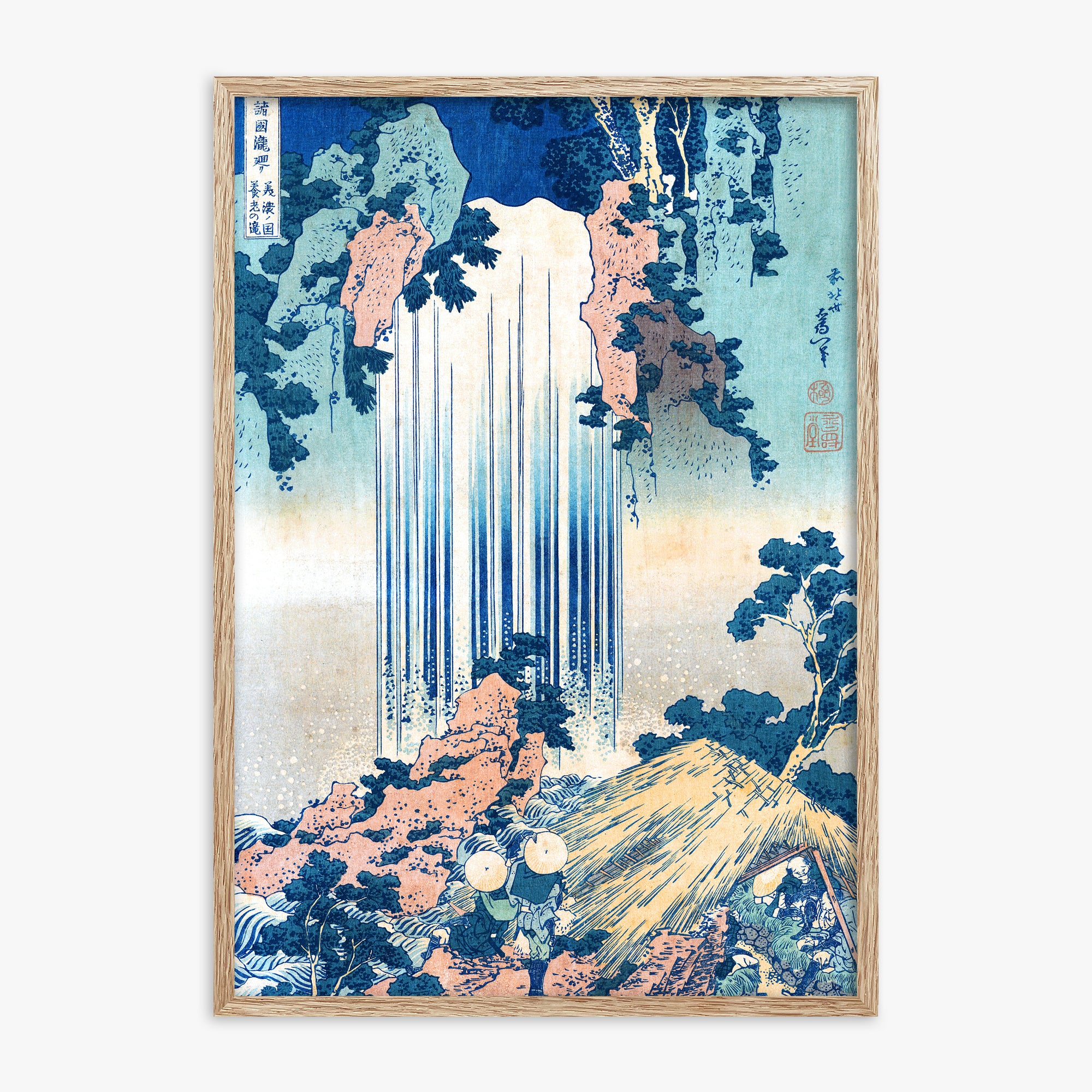 Katsushika Hokusai: Yoro Waterfall in Mino Province, 70x100cm Framed Art Reproduction With Raw Oak Frame