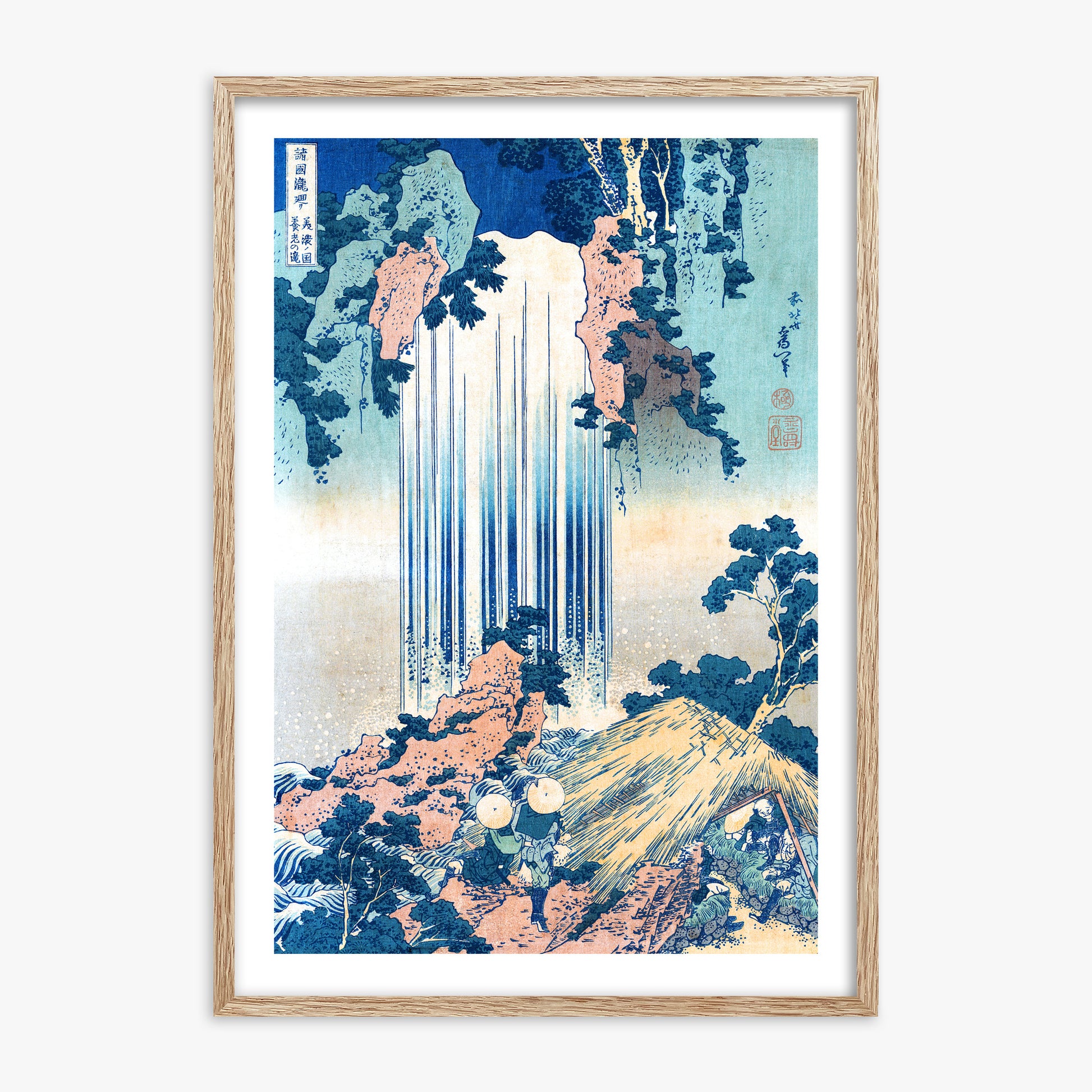 Katsushika Hokusai: Yoro Waterfall in Mino Province, 70x100cm Framed Art Reproduction With Raw Oak Frame