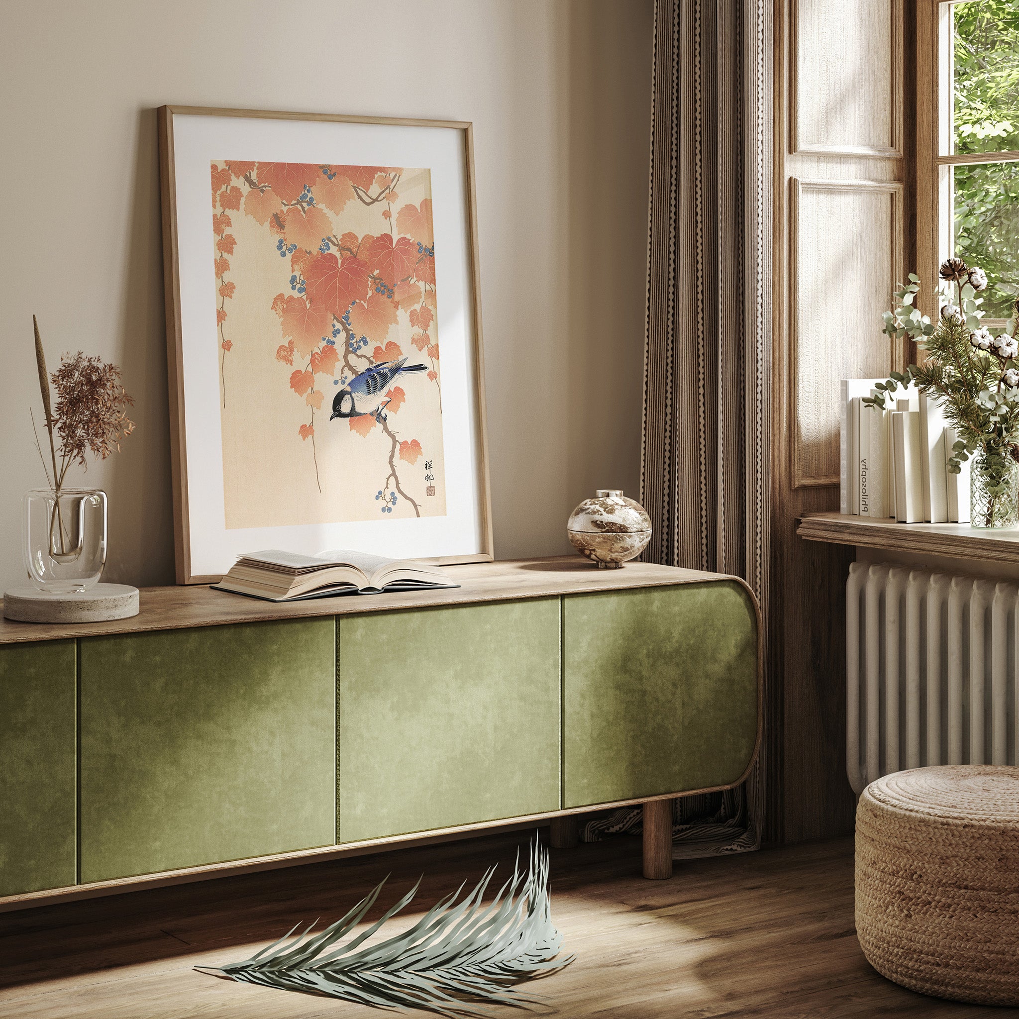 Design Concept No. 23 for Ohara Koson: Great tit on paulownia branch Japanese Wall Art