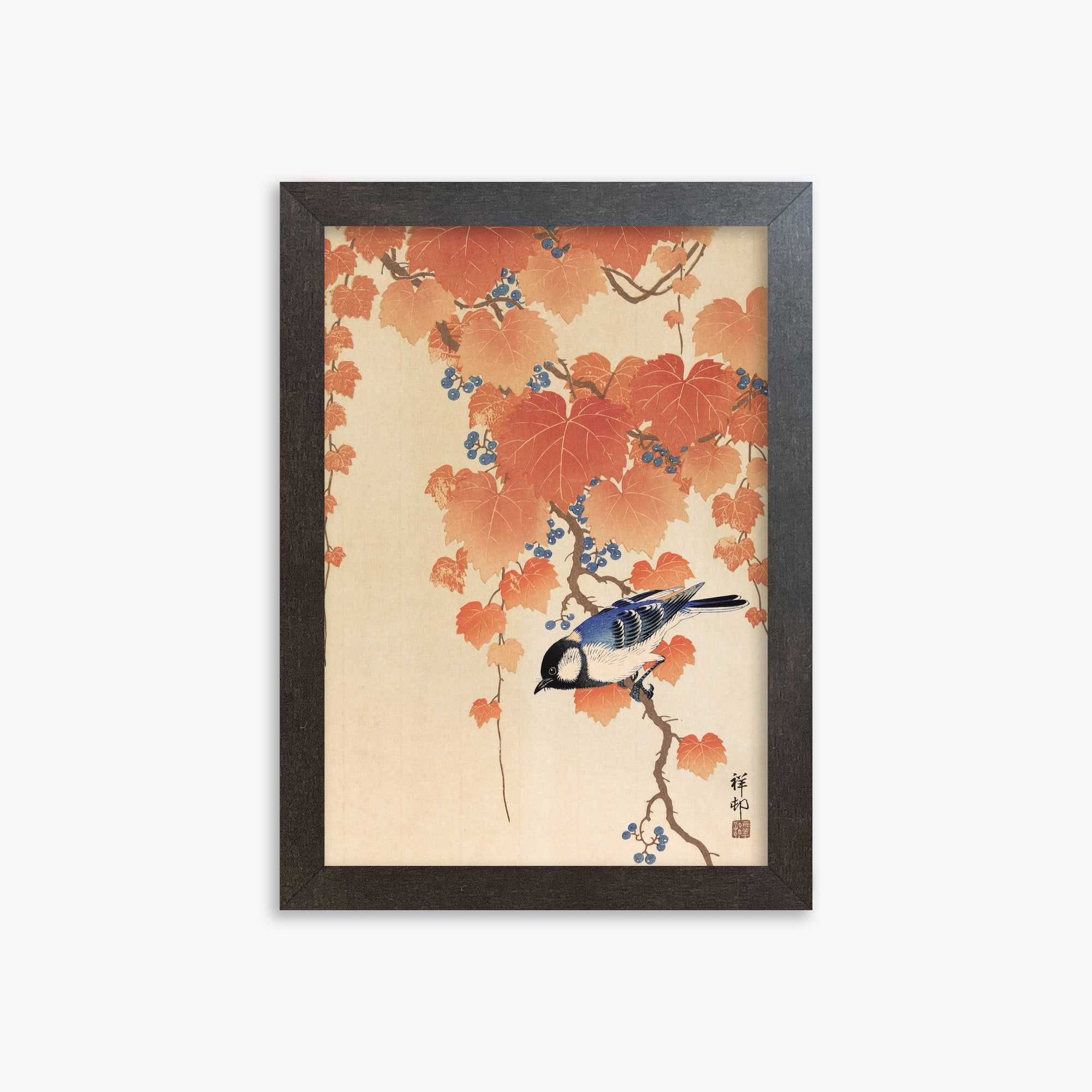 Ohara Koson: Great tit on paulownia branch, 21x30cm Framed Art Reproduction With Espresso Frame
