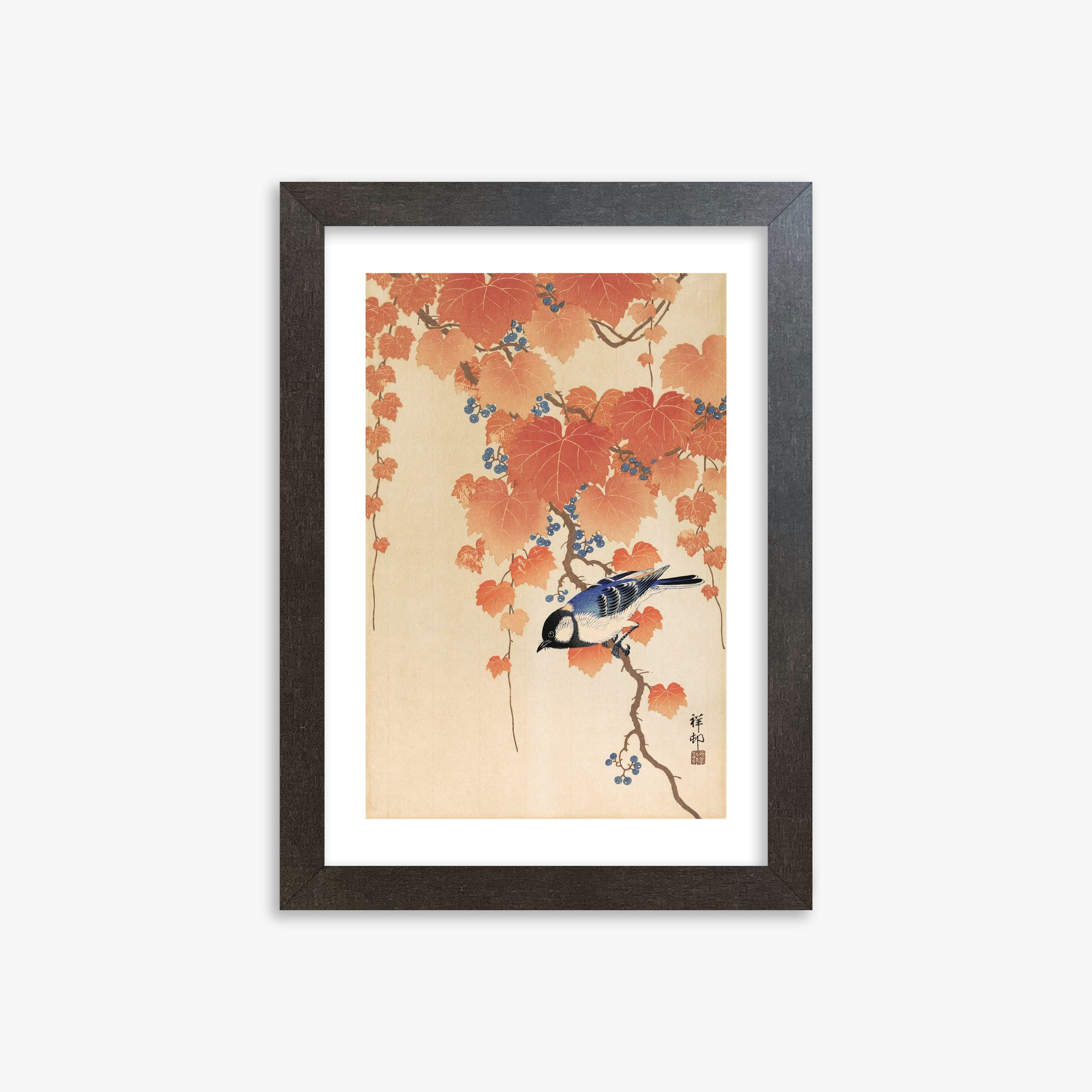 Ohara Koson: Great tit on paulownia branch, 21x30cm Framed Art Reproduction With Espresso Frame