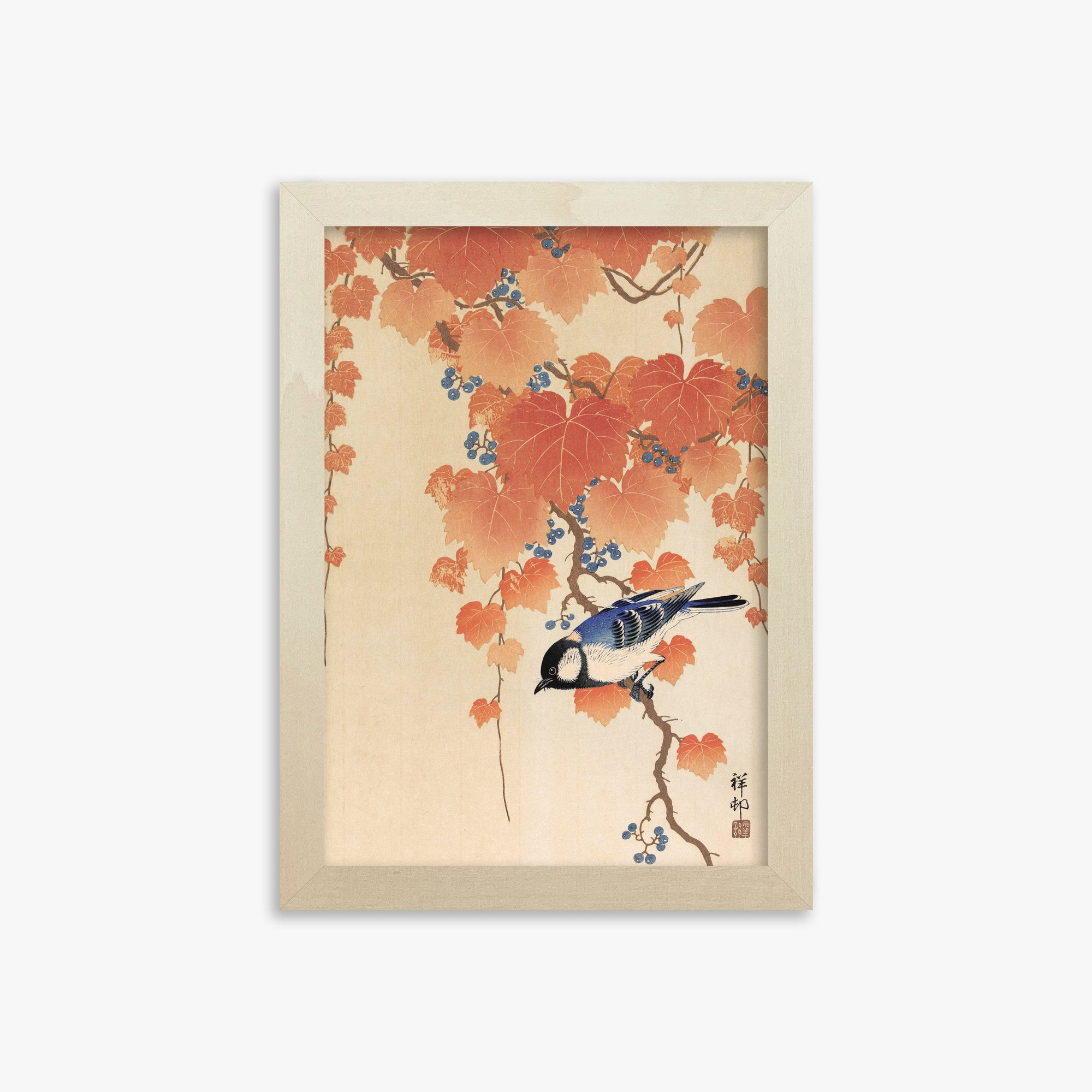 Ohara Koson: Great tit on paulownia branch, 21x30cm Framed Art Reproduction With Lime Wood Frame