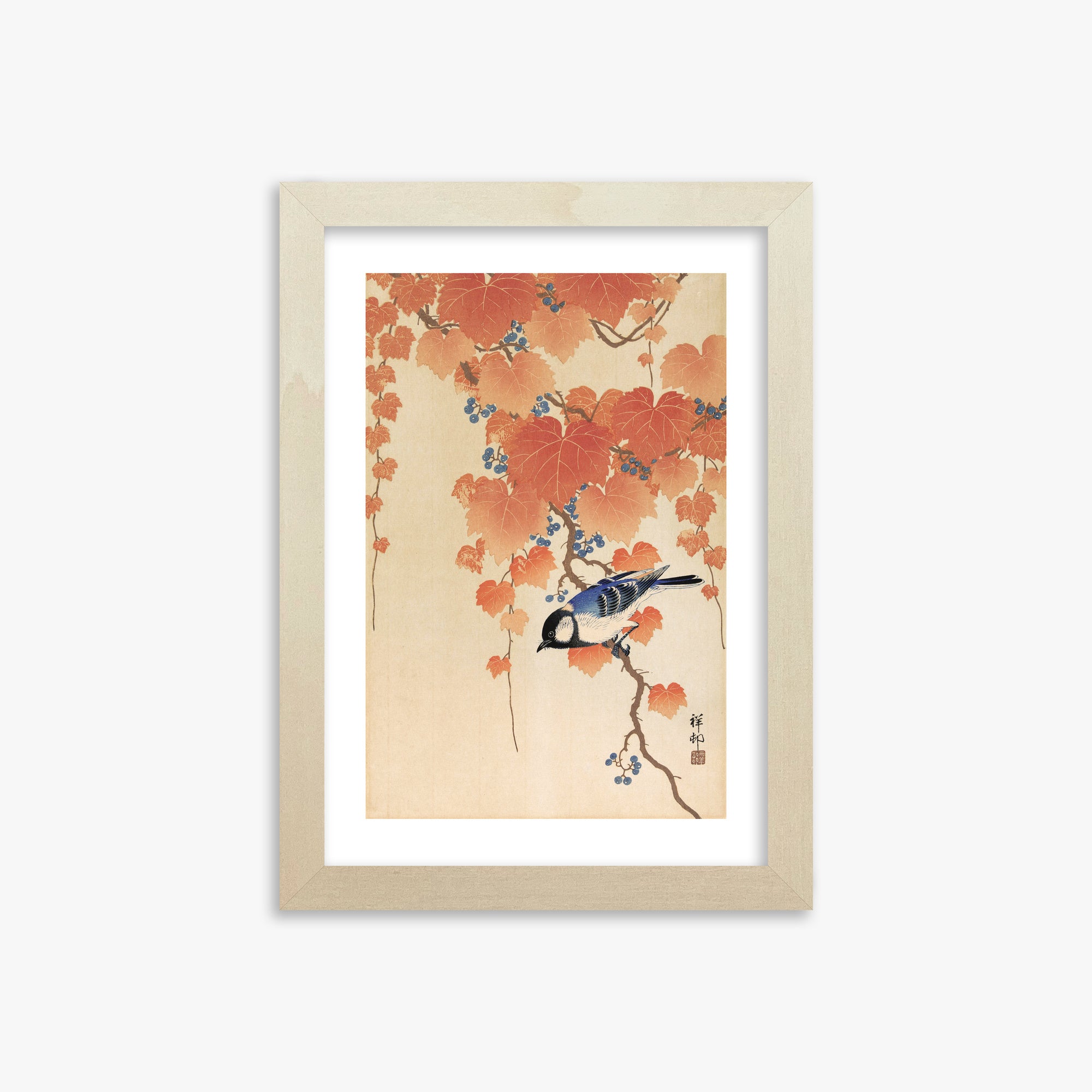 Ohara Koson: Great tit on paulownia branch, 21x30cm Framed Art Reproduction With Lime Wood Frame
