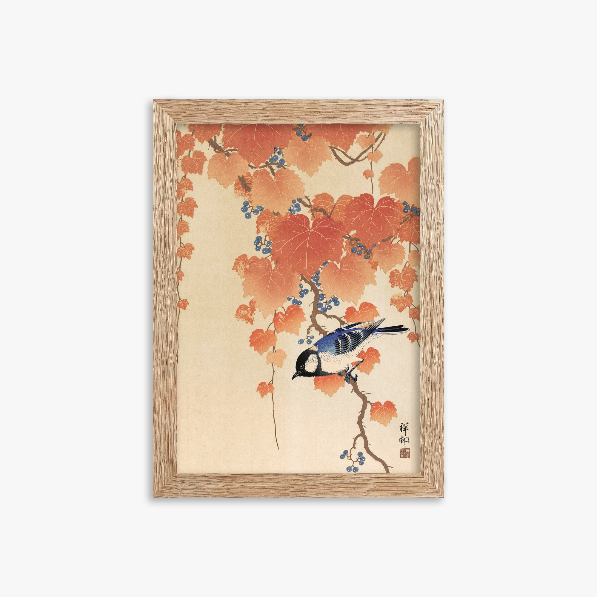 Ohara Koson: Great tit on paulownia branch, 21x30cm Framed Art Reproduction With Raw Oak Frame