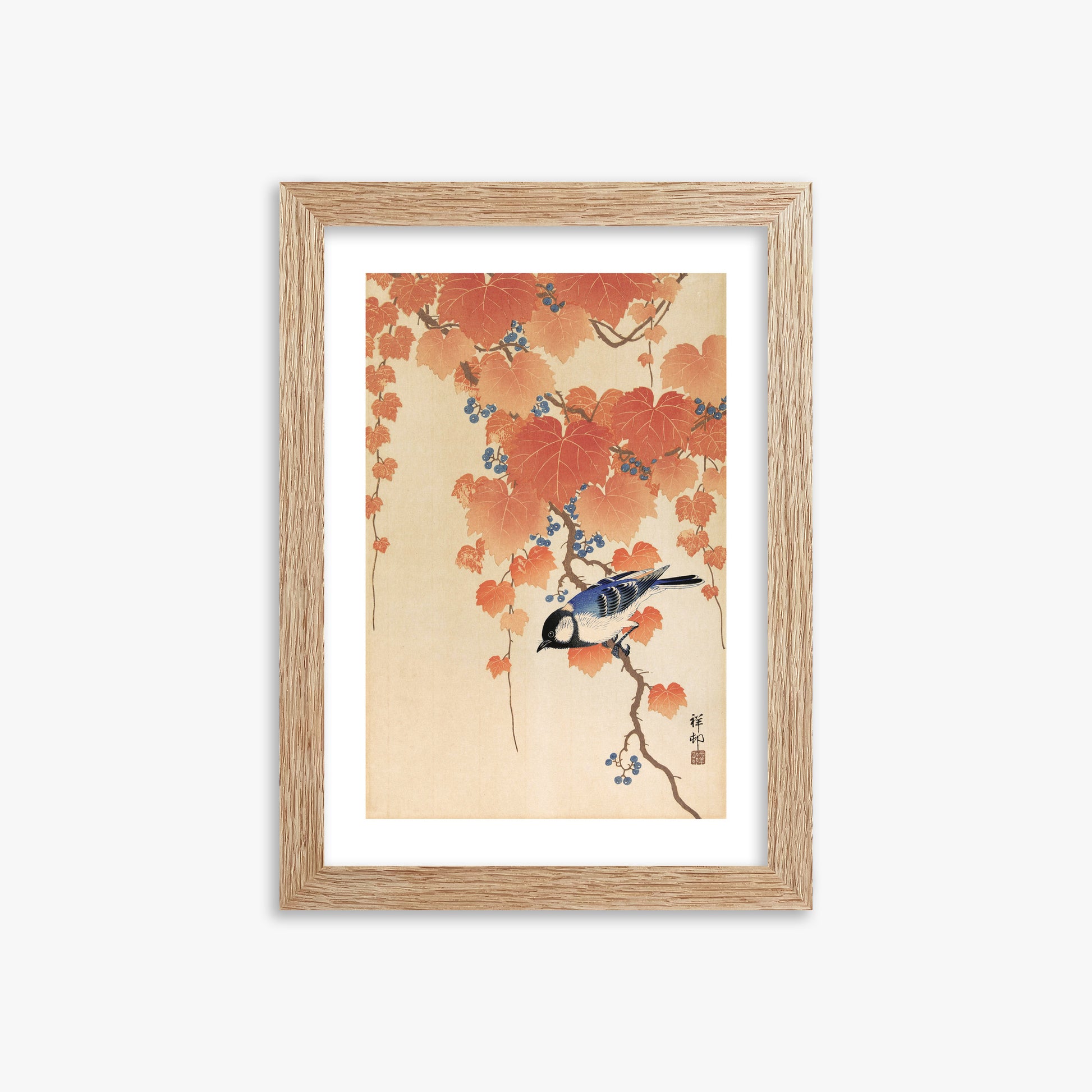 Ohara Koson: Great tit on paulownia branch, 21x30cm Framed Art Reproduction With Raw Oak Frame
