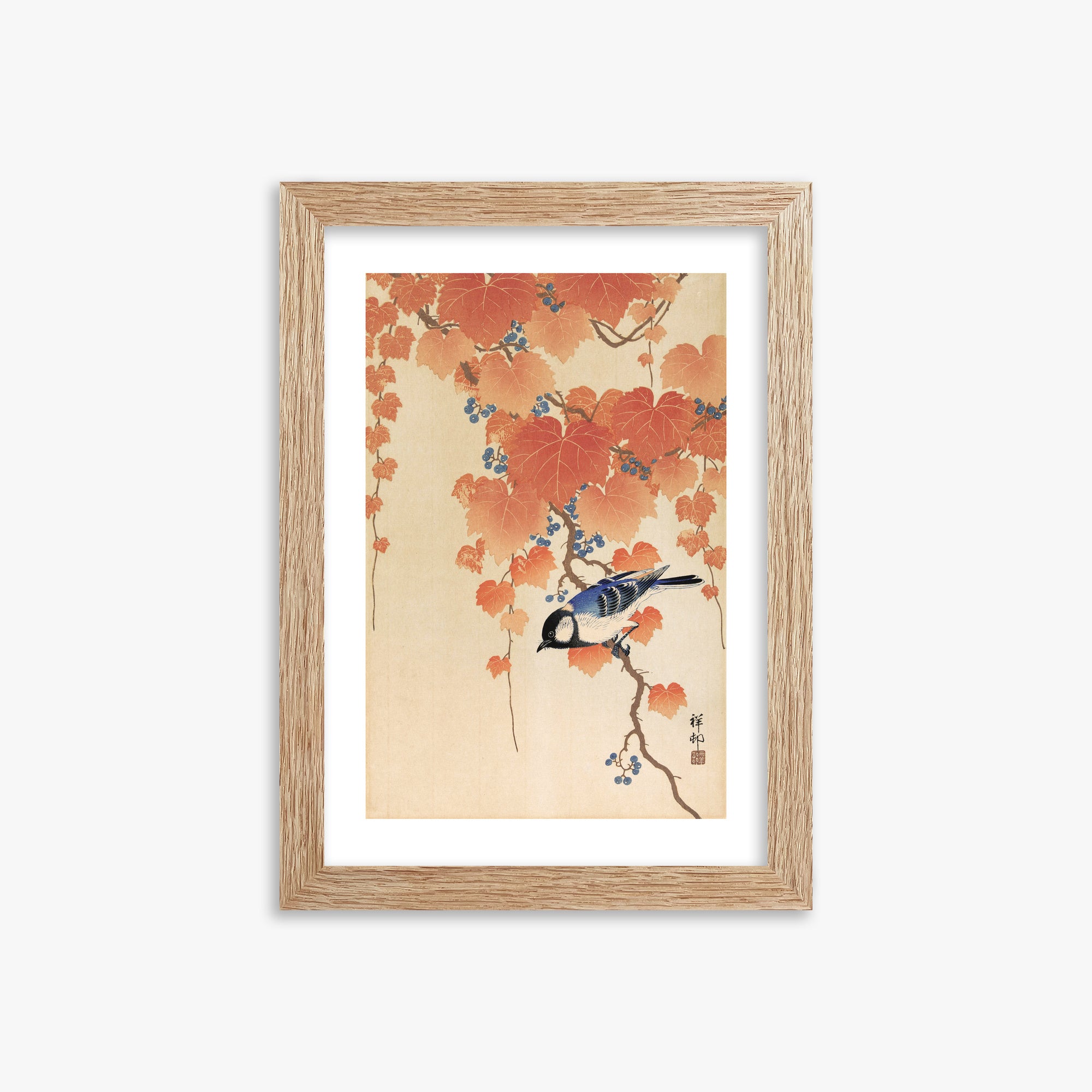 Ohara Koson: Great tit on paulownia branch, 21x30cm Framed Art Reproduction With Raw Oak Frame