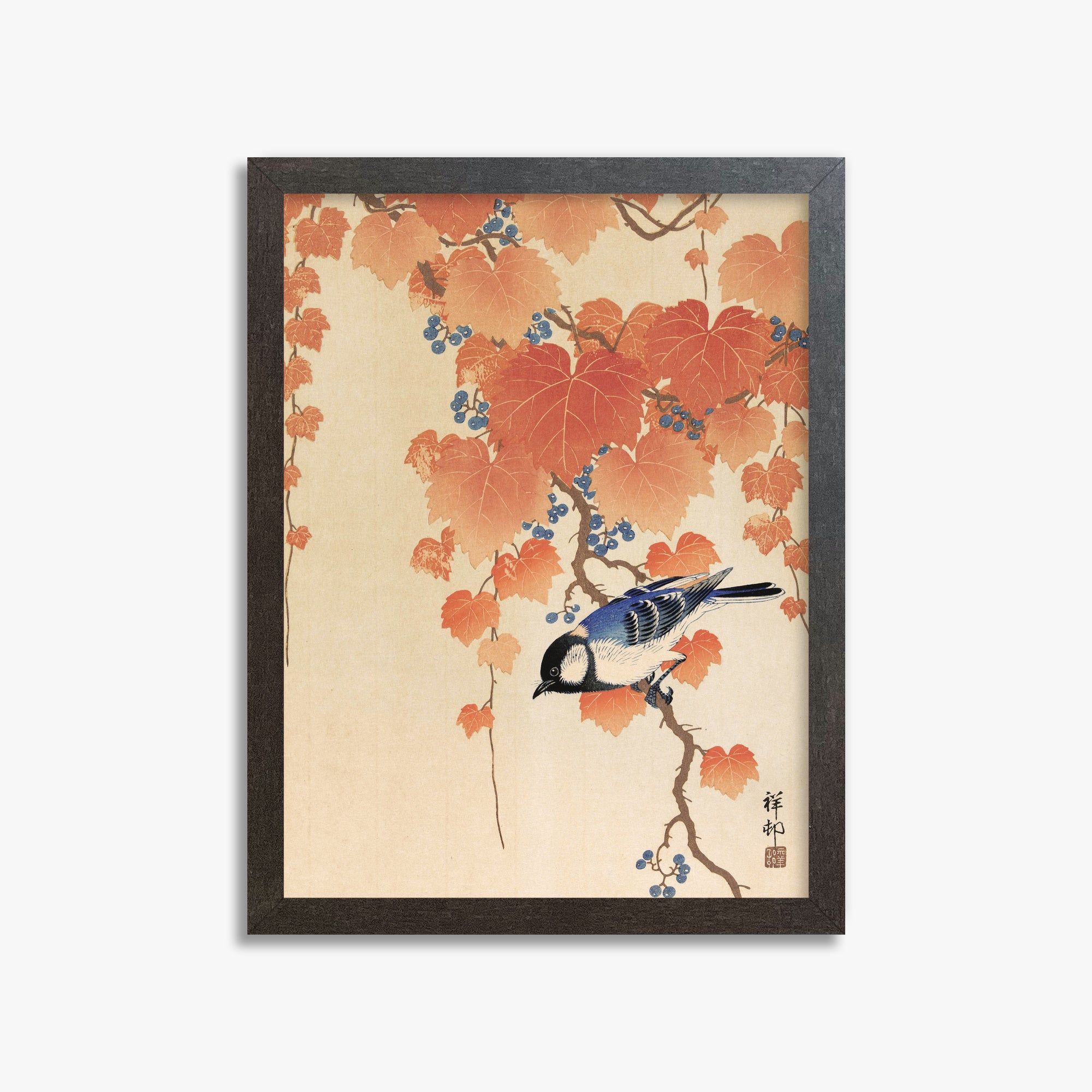 Ohara Koson: Great tit on paulownia branch, 30x40cm Framed Art Reproduction With Espresso Frame
