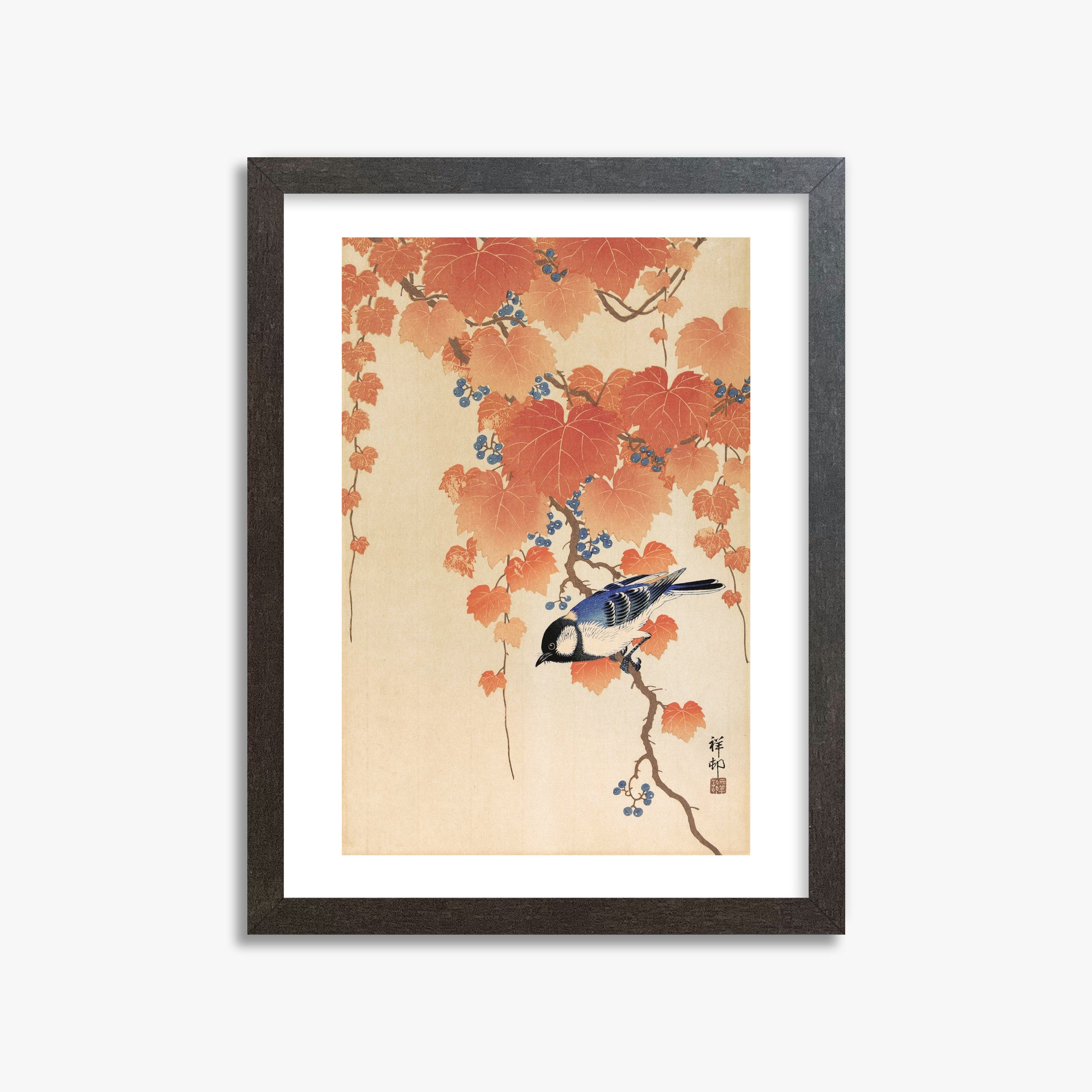 Ohara Koson: Great tit on paulownia branch, 30x40cm Framed Art Reproduction With Espresso Frame
