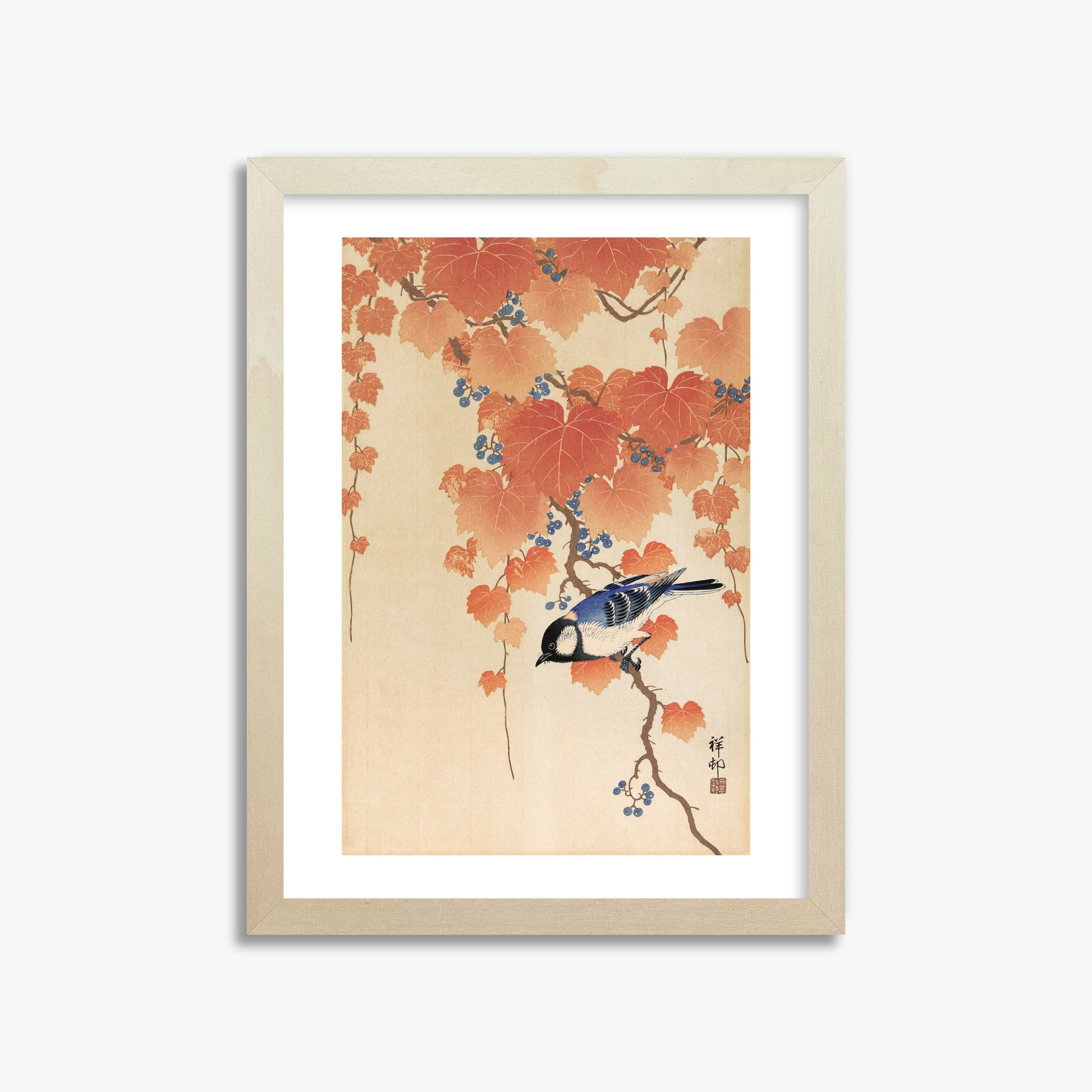 Ohara Koson: Great tit on paulownia branch, 30x40cm Framed Art Reproduction With Lime Wood Frame