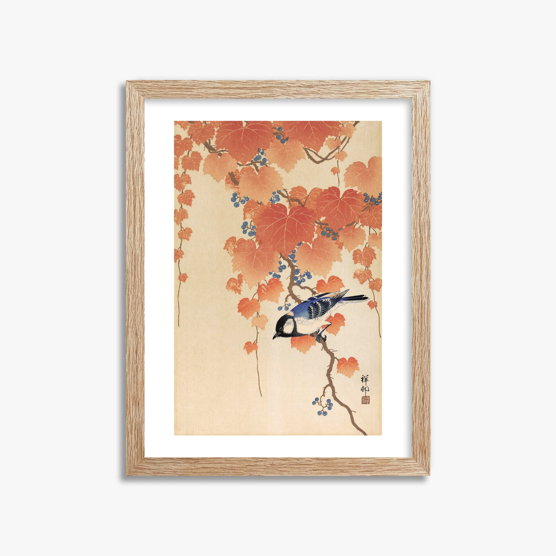 Ohara Koson: Great tit on paulownia branch, 30x40cm Framed Art Reproduction With Raw Oak Frame