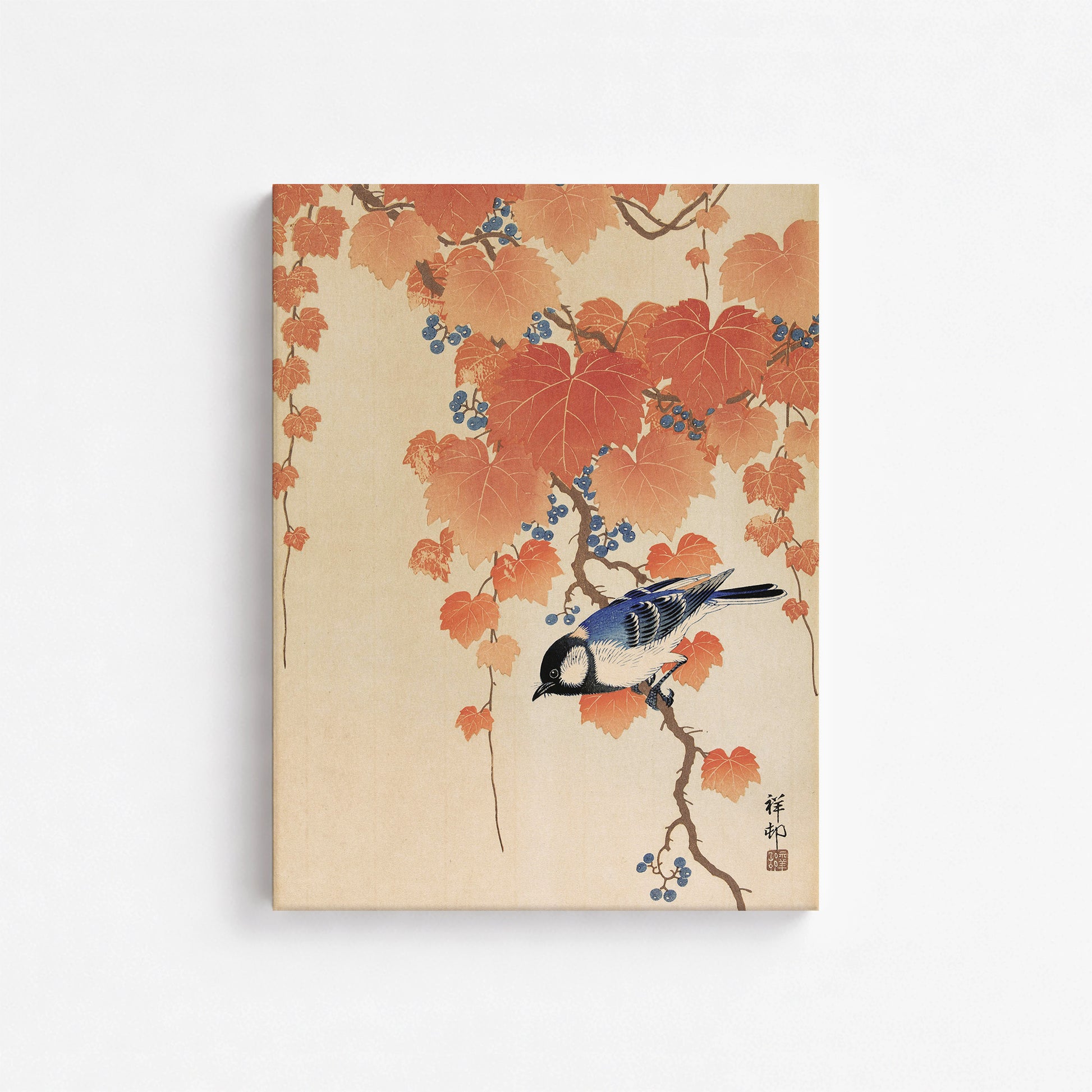 Ohara Koson: Great tit on paulownia branch, 30x40cm Satin Canvas Art Reproduction