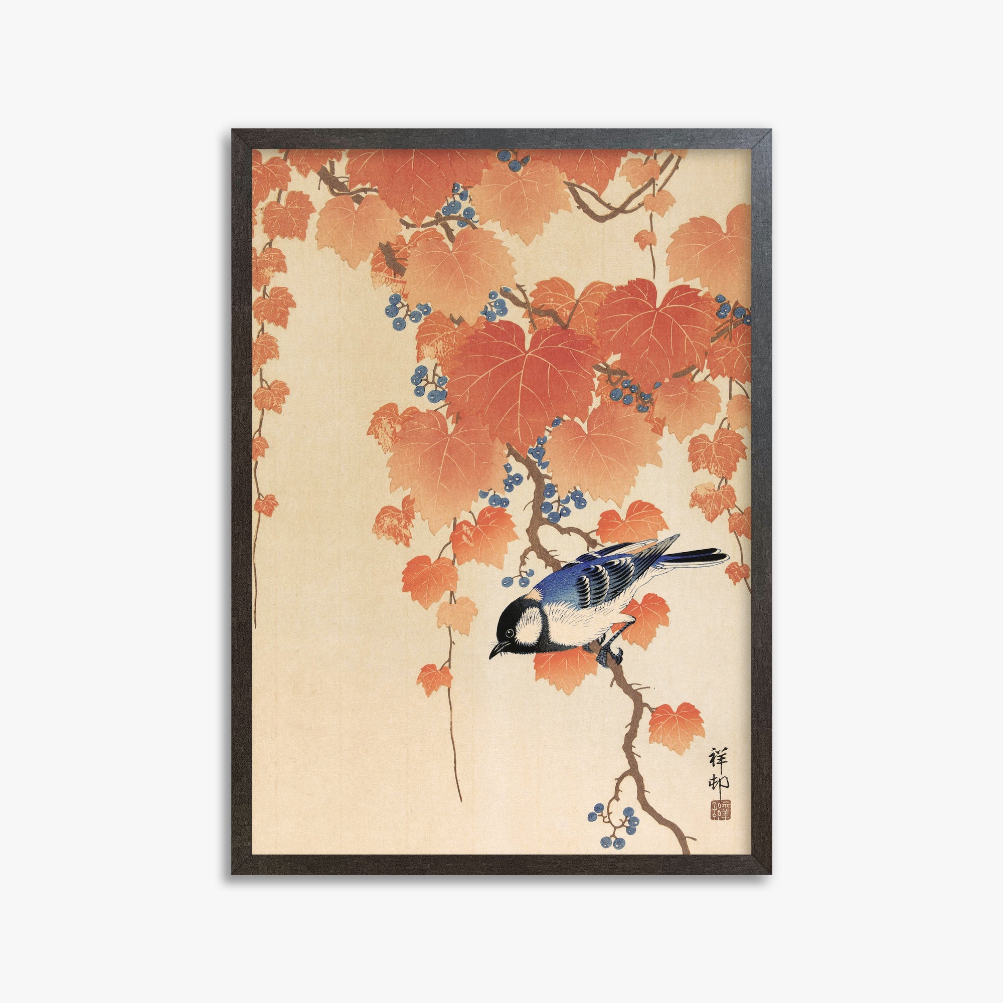 Ohara Koson: Great tit on paulownia branch, 50x70cm Framed Art Reproduction With Espresso Frame