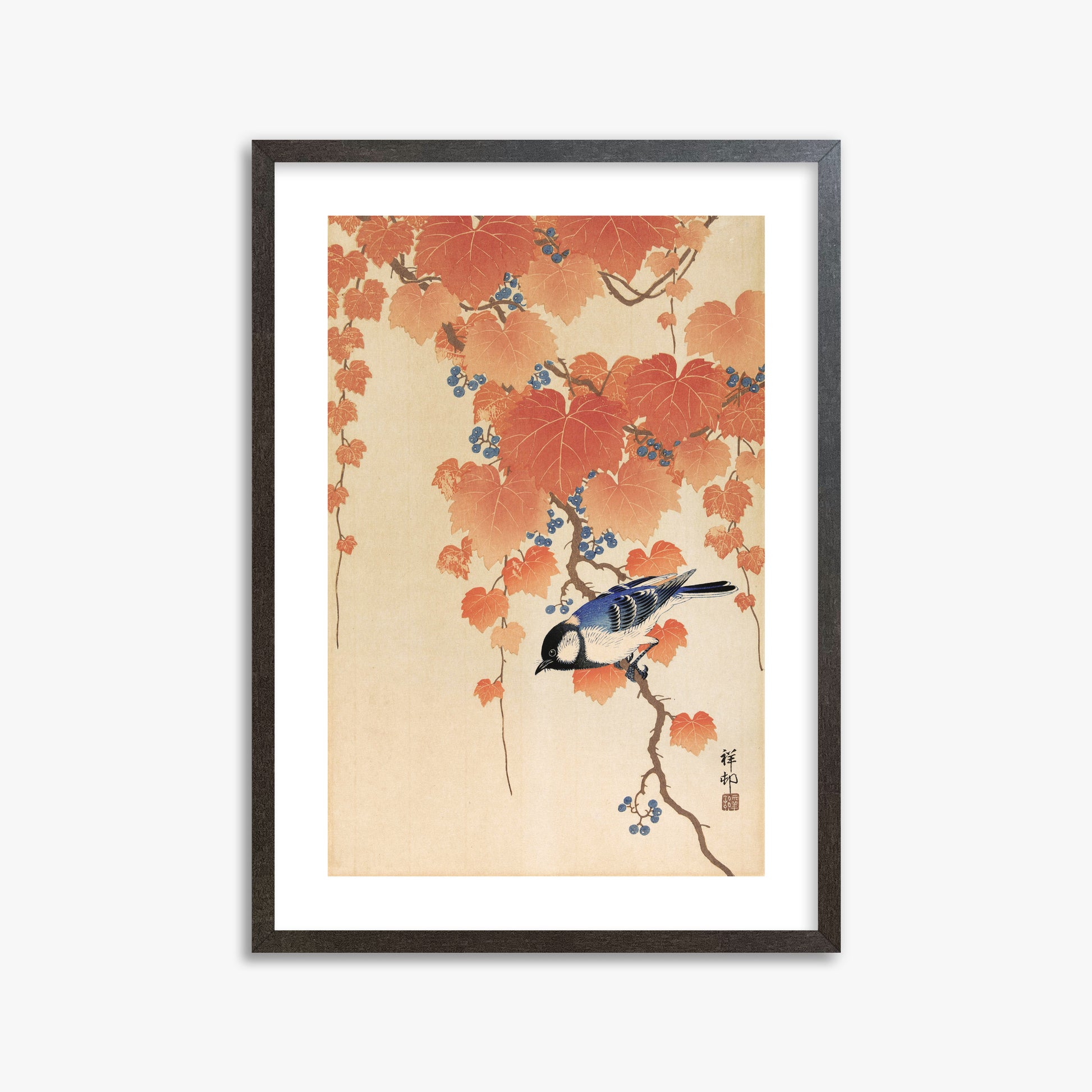 Ohara Koson: Great tit on paulownia branch, 50x70cm Framed Art Reproduction With Espresso Frame