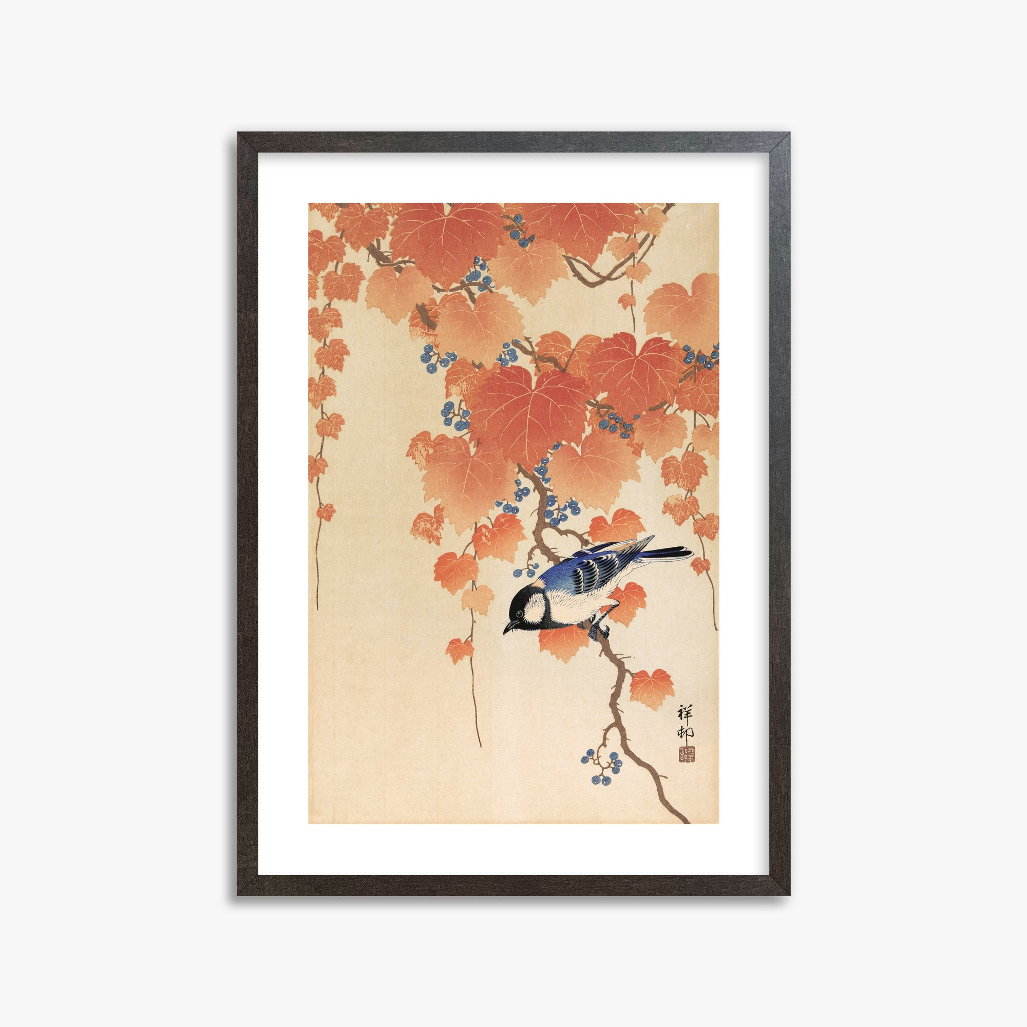 Ohara Koson: Great tit on paulownia branch, 50x70cm Framed Art Reproduction With Espresso Frame
