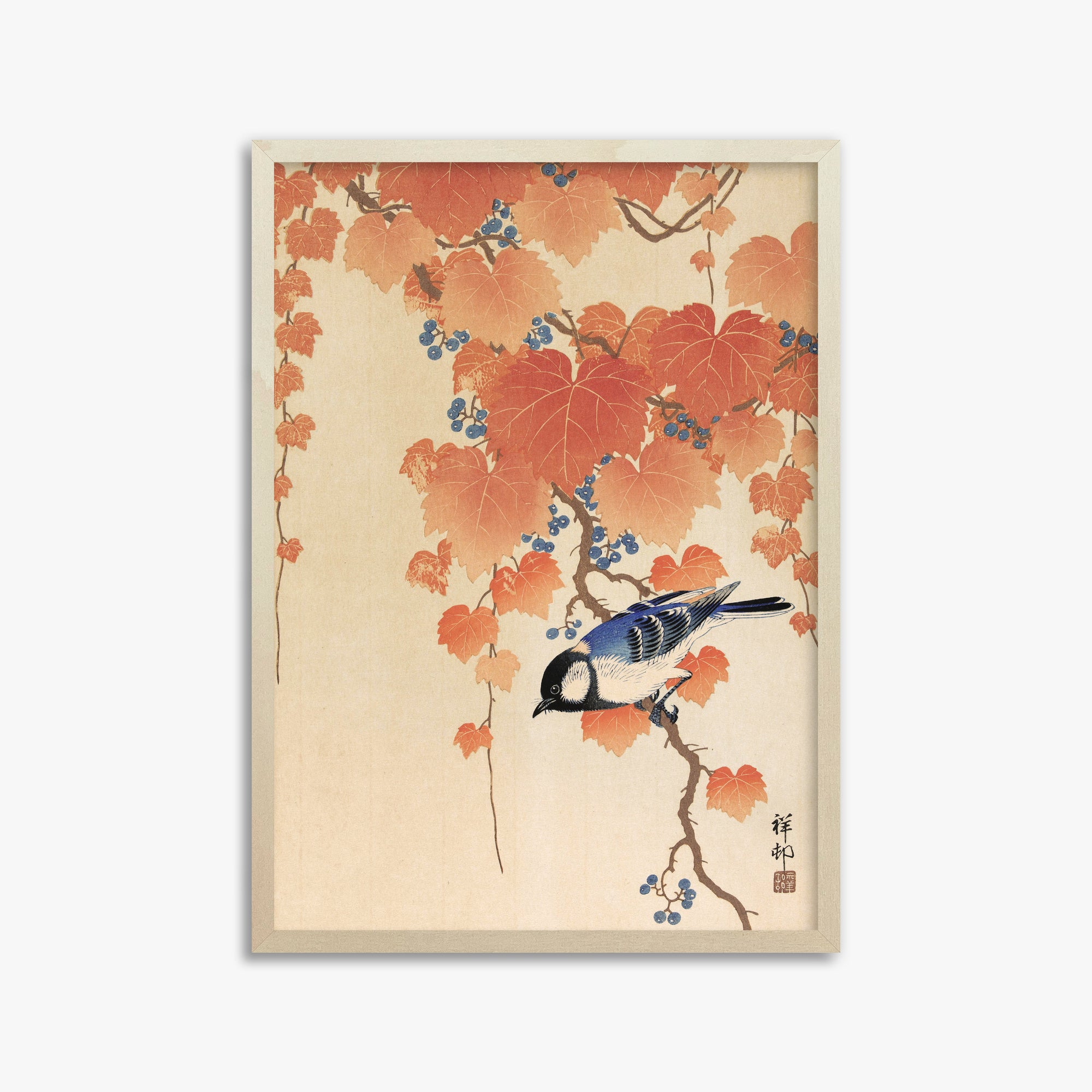 Ohara Koson: Great tit on paulownia branch, 50x70cm Framed Art Reproduction With Lime Wood Frame
